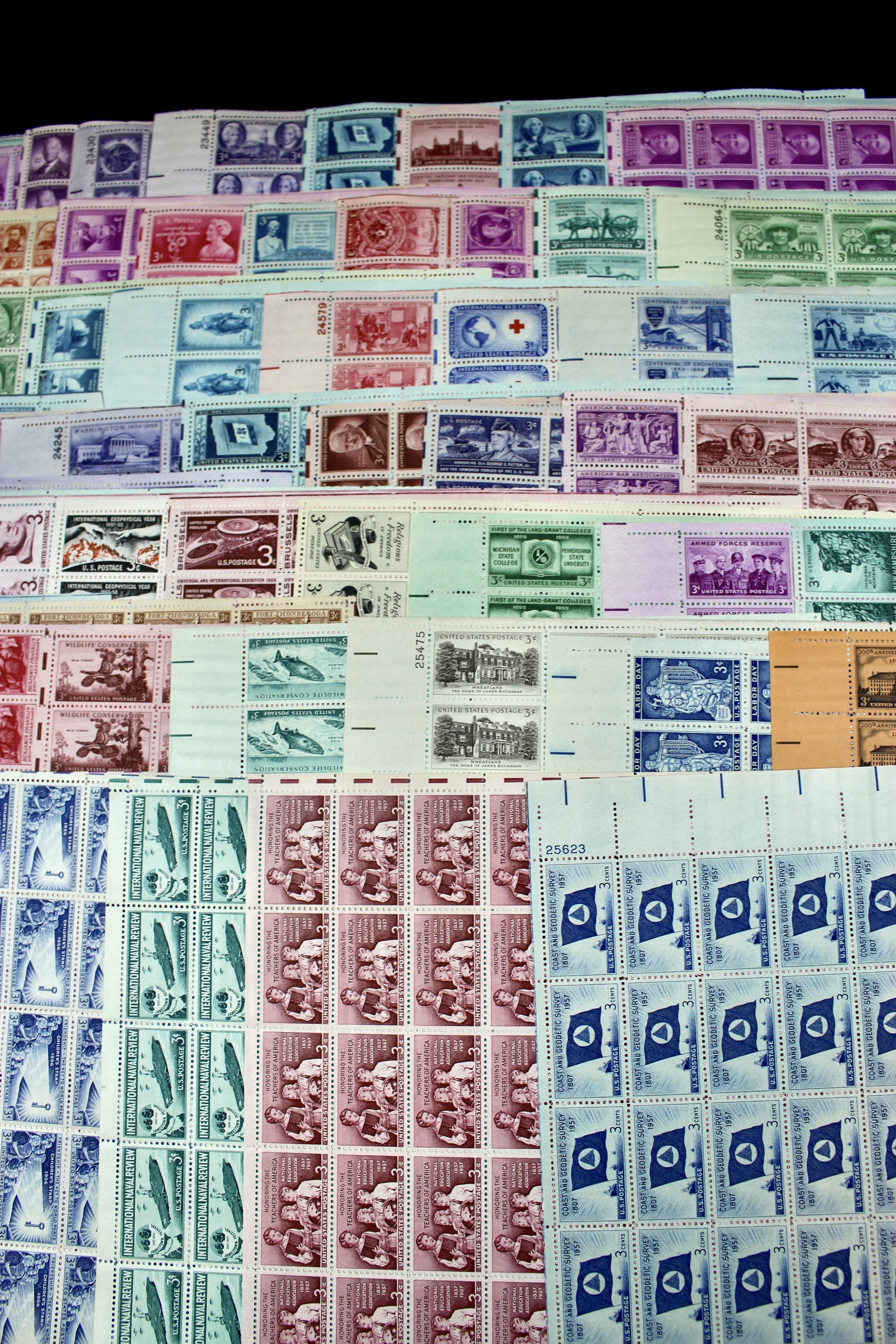 Sixty-Four Different U.S. 3-Cent Postage Stamp Sheets, 1940s and 1950s