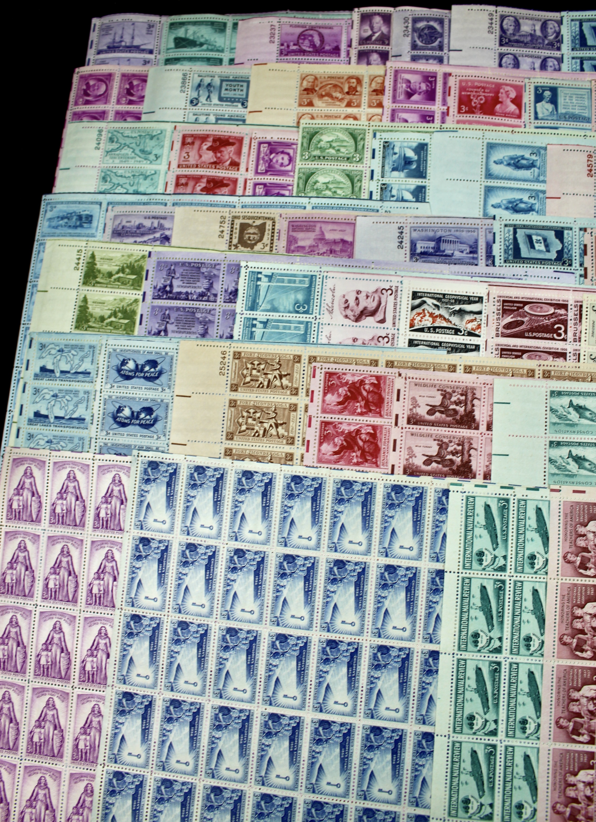 Sixty-Four Different U.S. 3-Cent Postage Stamp Sheets, 1940s and 1950s