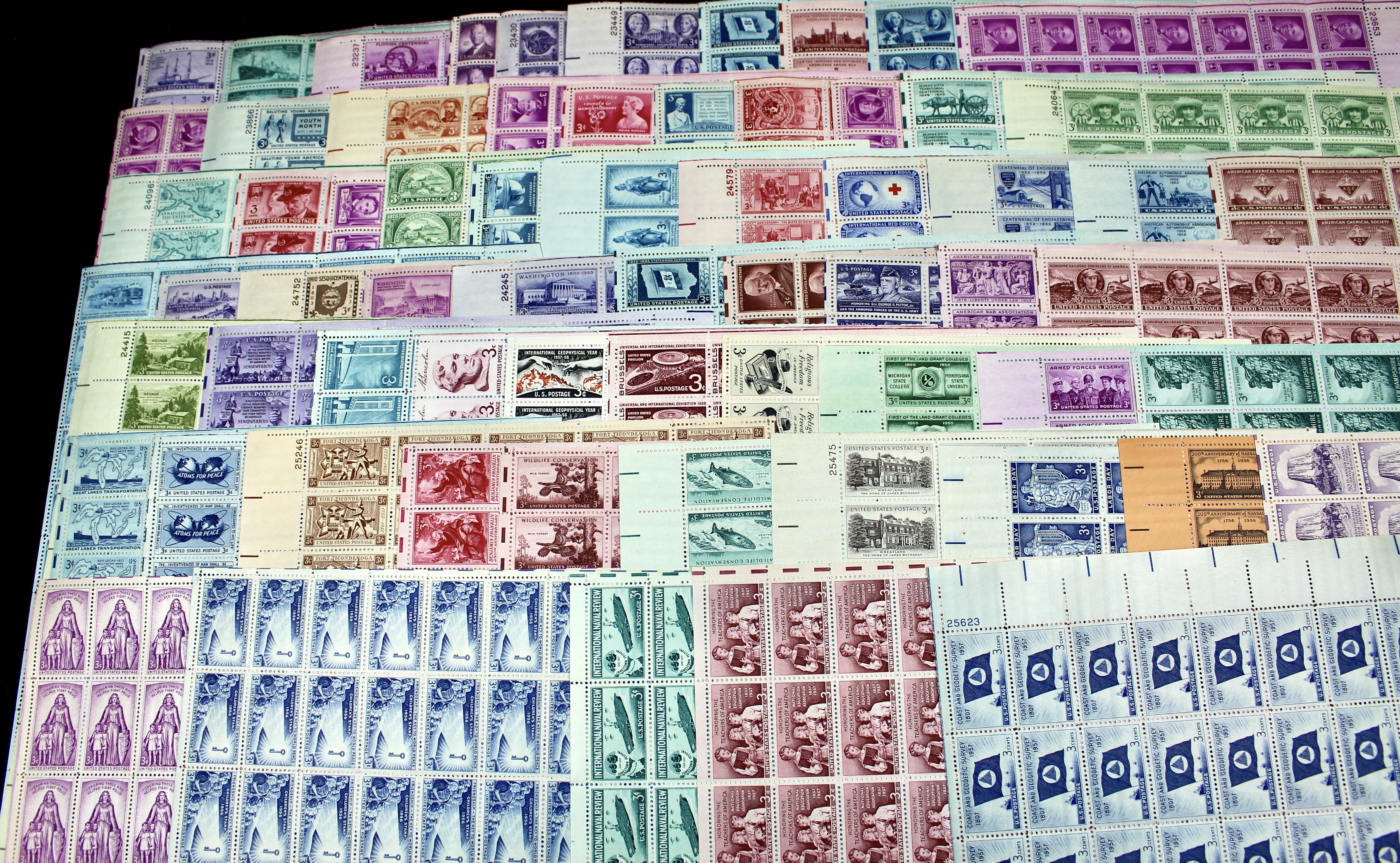 Sixty-Four Different U.S. 3-Cent Postage Stamp Sheets, 1940s and 1950s
