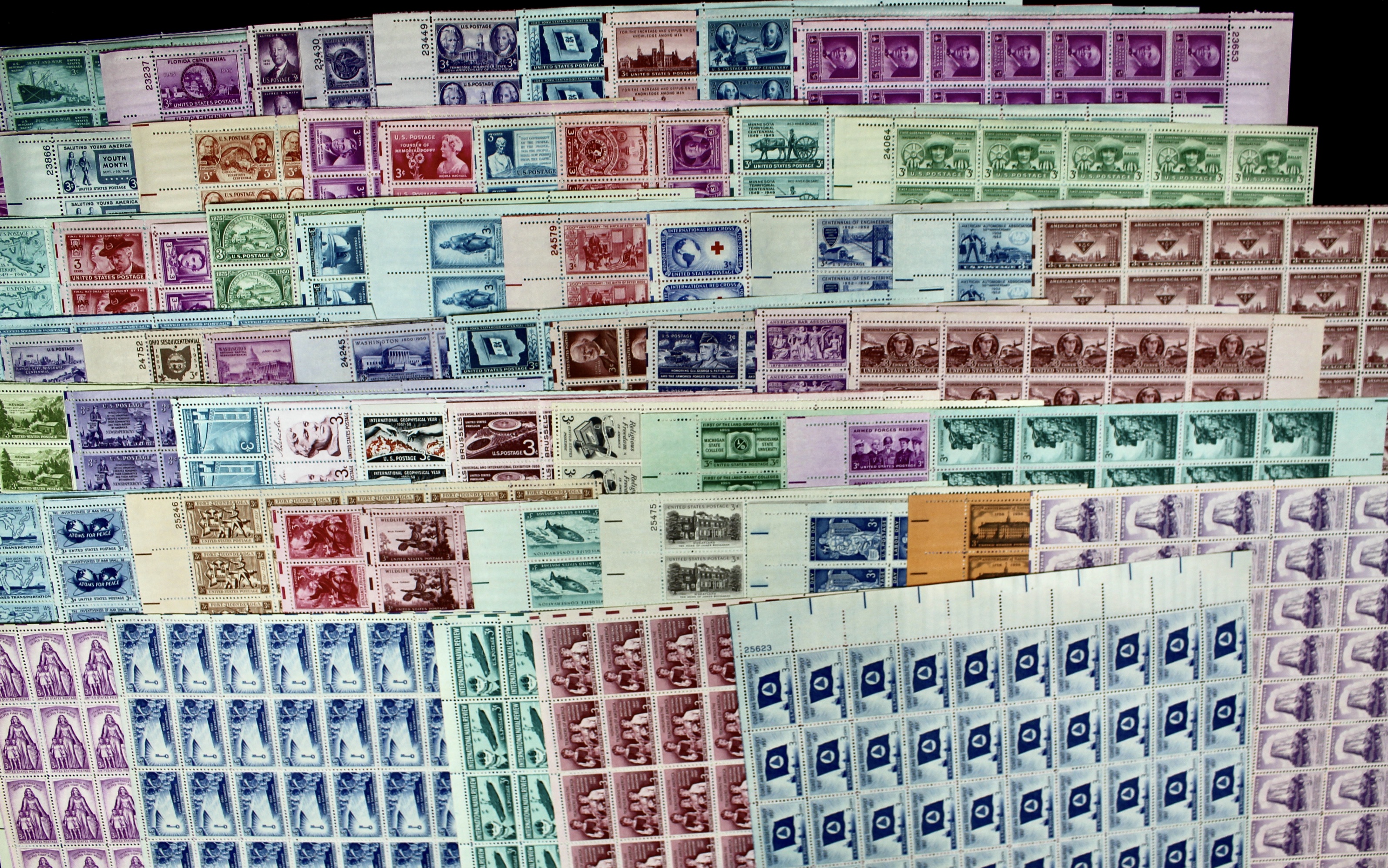 Sixty-Four Different U.S. 3-Cent Postage Stamp Sheets, 1940s and 1950s