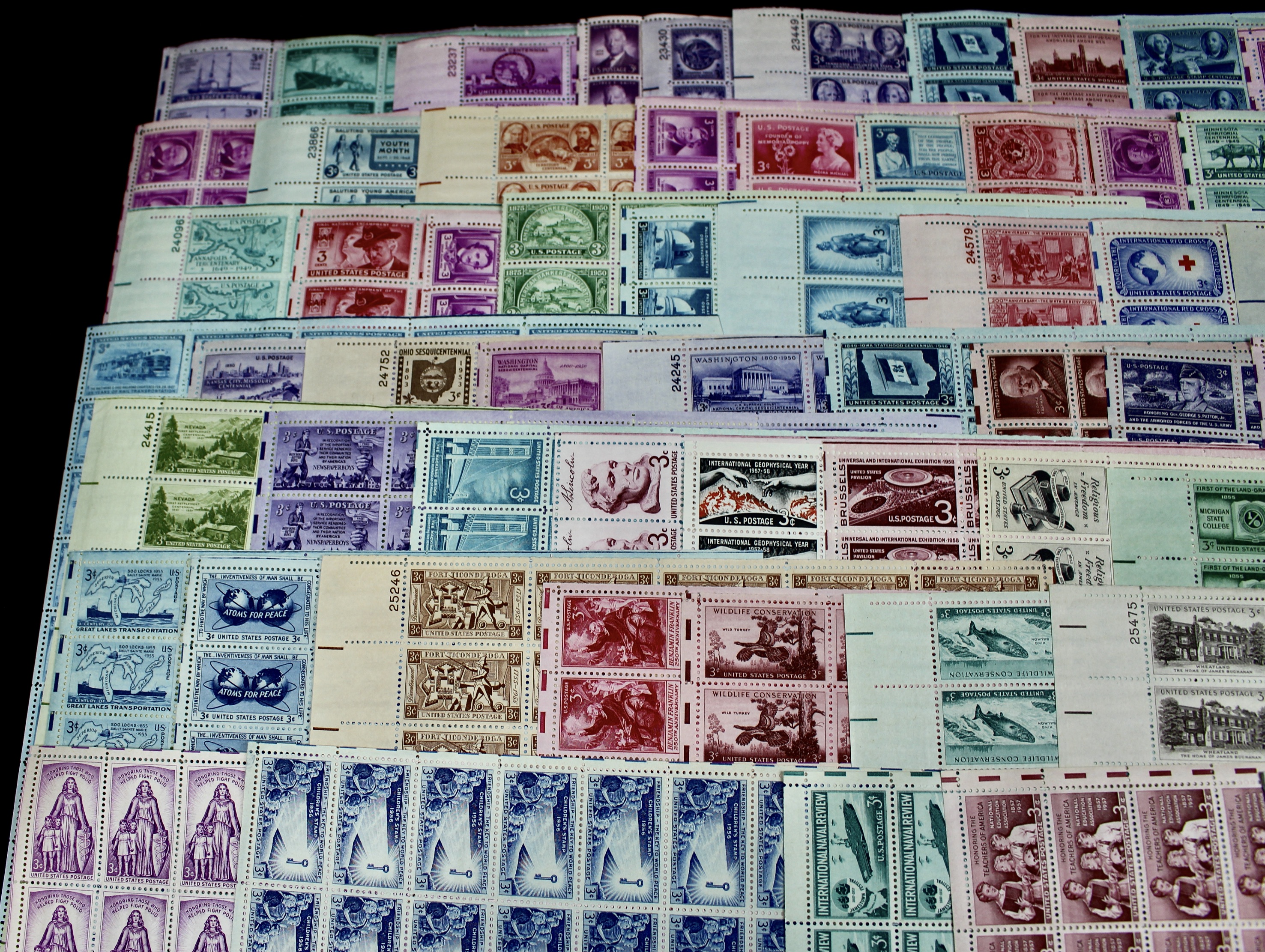 Sixty-Four Different U.S. 3-Cent Postage Stamp Sheets, 1940s and 1950s