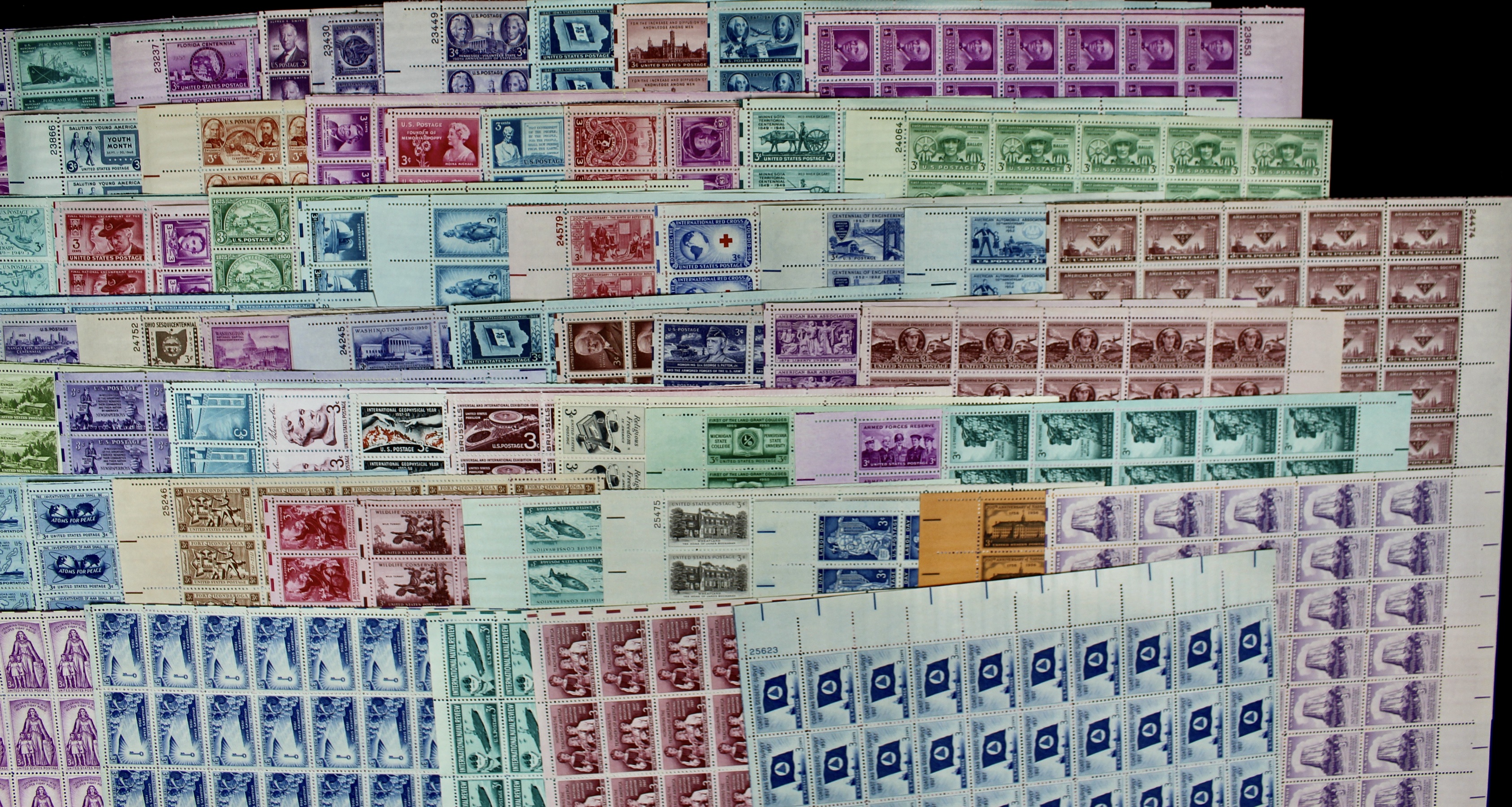 Sixty-Four Different U.S. 3-Cent Postage Stamp Sheets, 1940s and 1950s