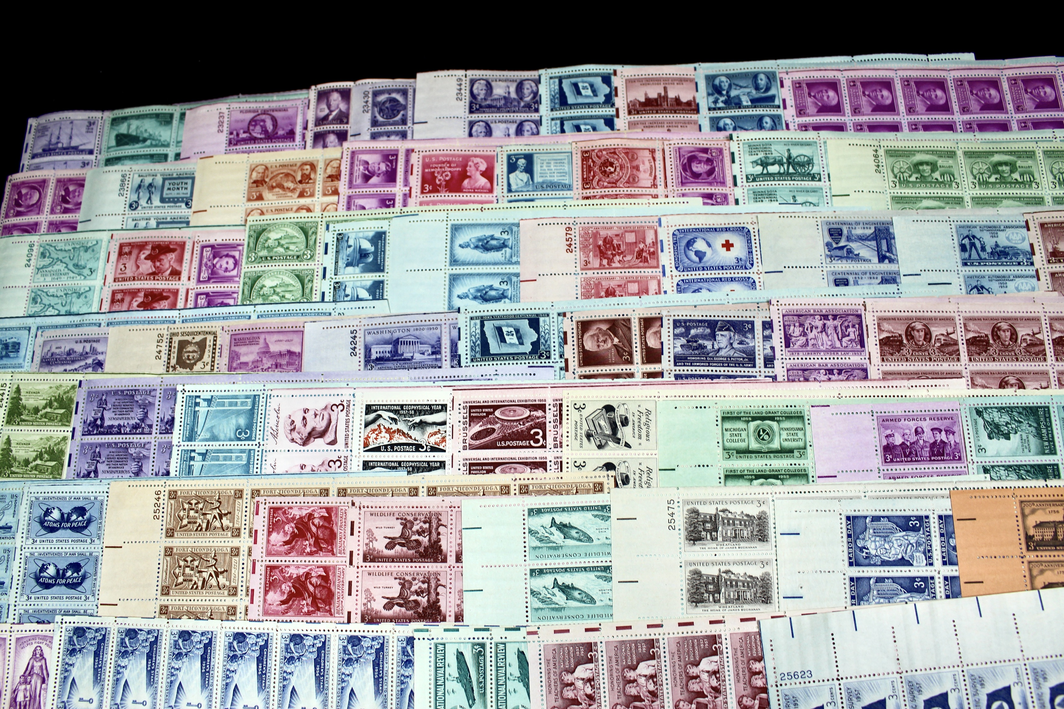 Sixty-Four Different U.S. 3-Cent Postage Stamp Sheets, 1940s and 1950s