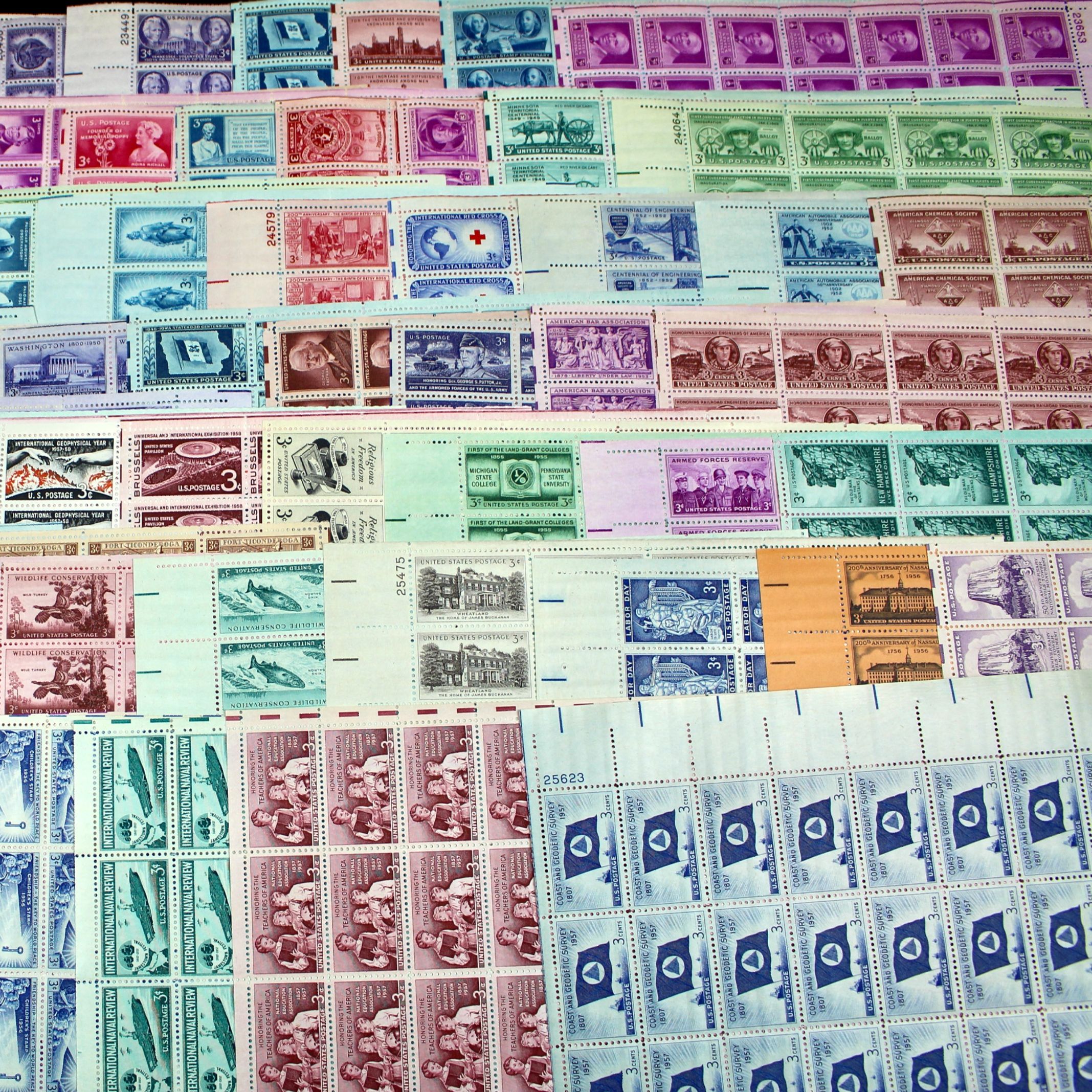 Sixty-Four Different U.S. 3-Cent Postage Stamp Sheets, 1940s and 1950s