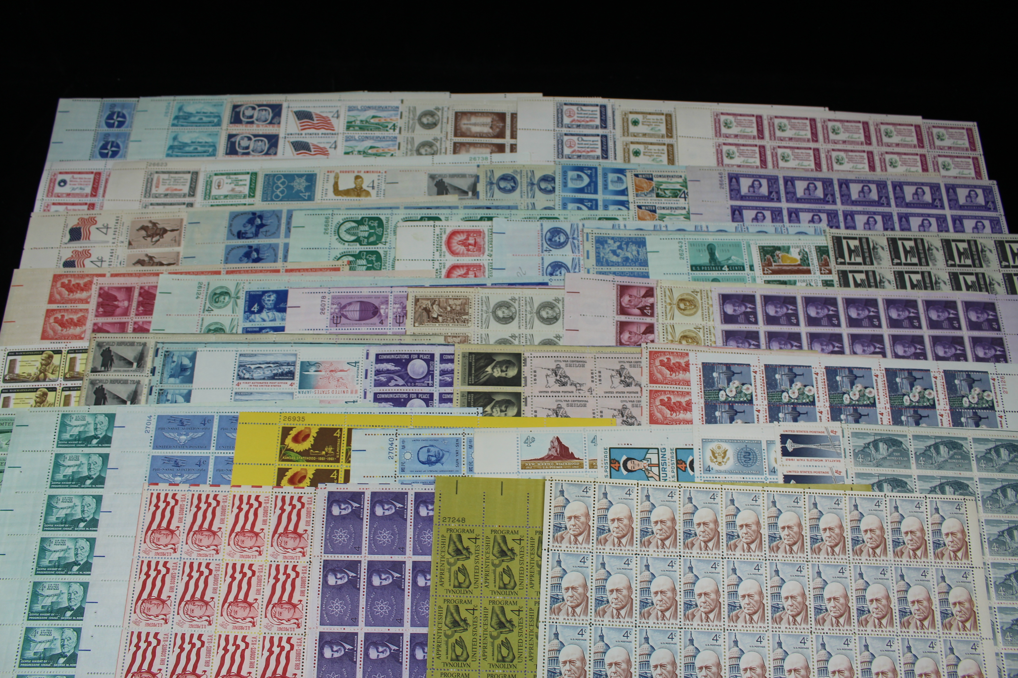 Sixty-Three Different U.S. 4-Cent Postage Stamp Sheets, 1950s and 1960s