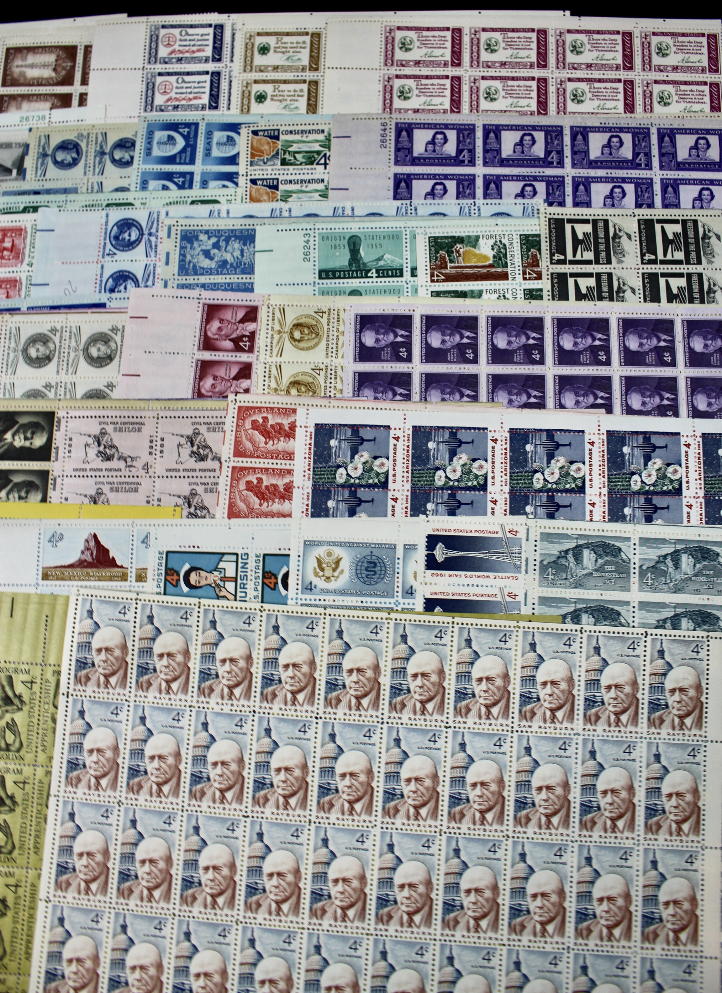 Sixty-Three Different U.S. 4-Cent Postage Stamp Sheets, 1950s and 1960s