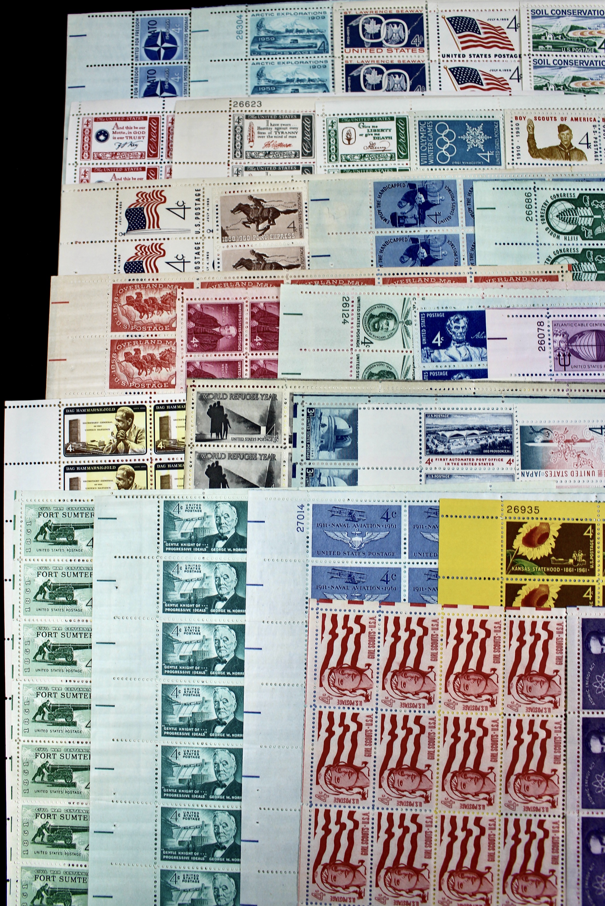 Sixty-Three Different U.S. 4-Cent Postage Stamp Sheets, 1950s and 1960s