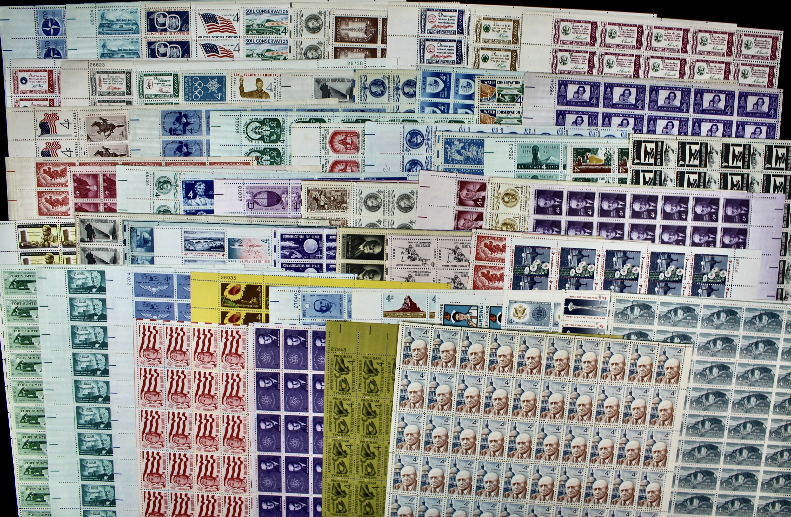 Sixty-Three Different U.S. 4-Cent Postage Stamp Sheets, 1950s and 1960s