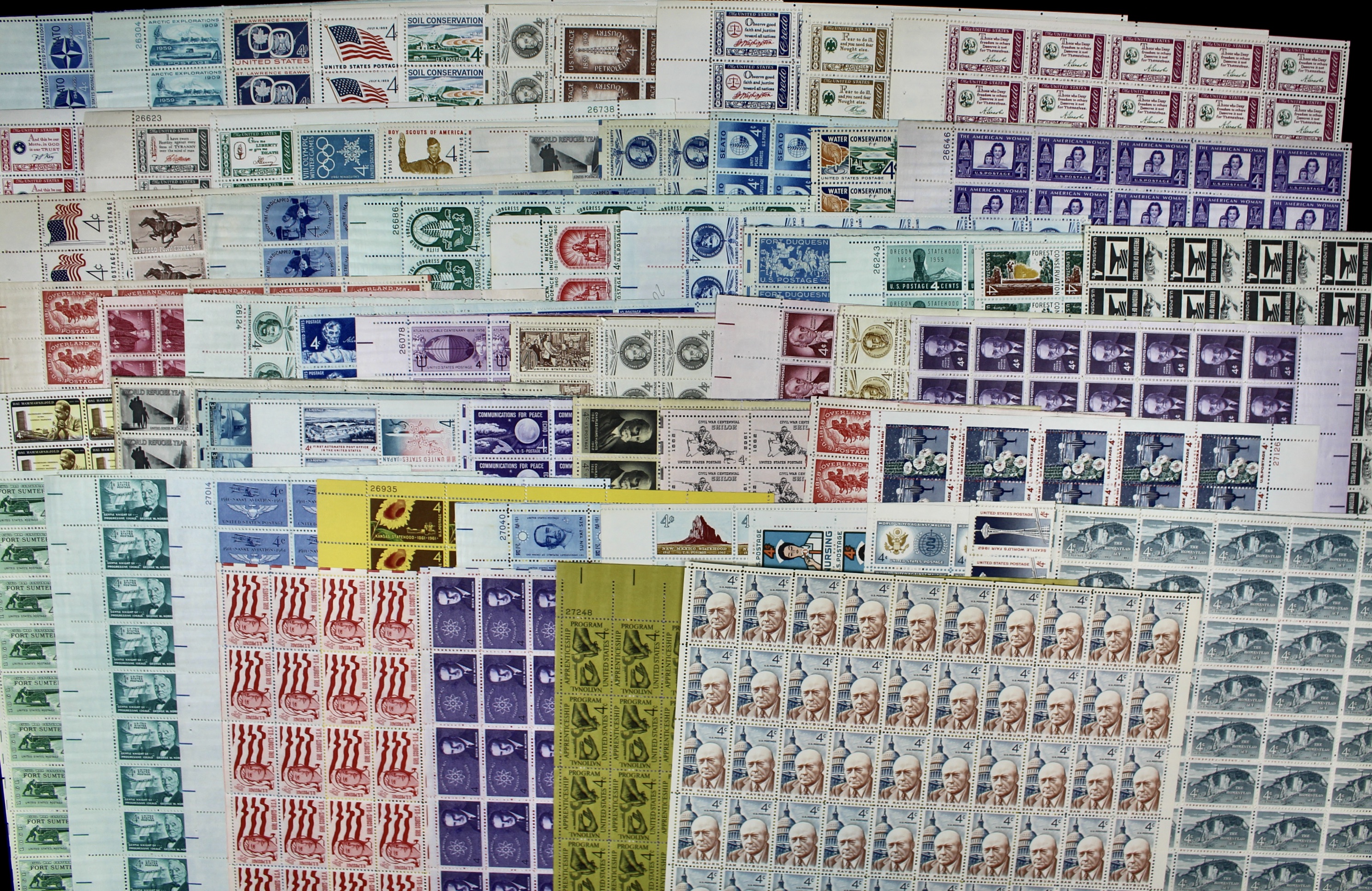 Sixty-Three Different U.S. 4-Cent Postage Stamp Sheets, 1950s and 1960s