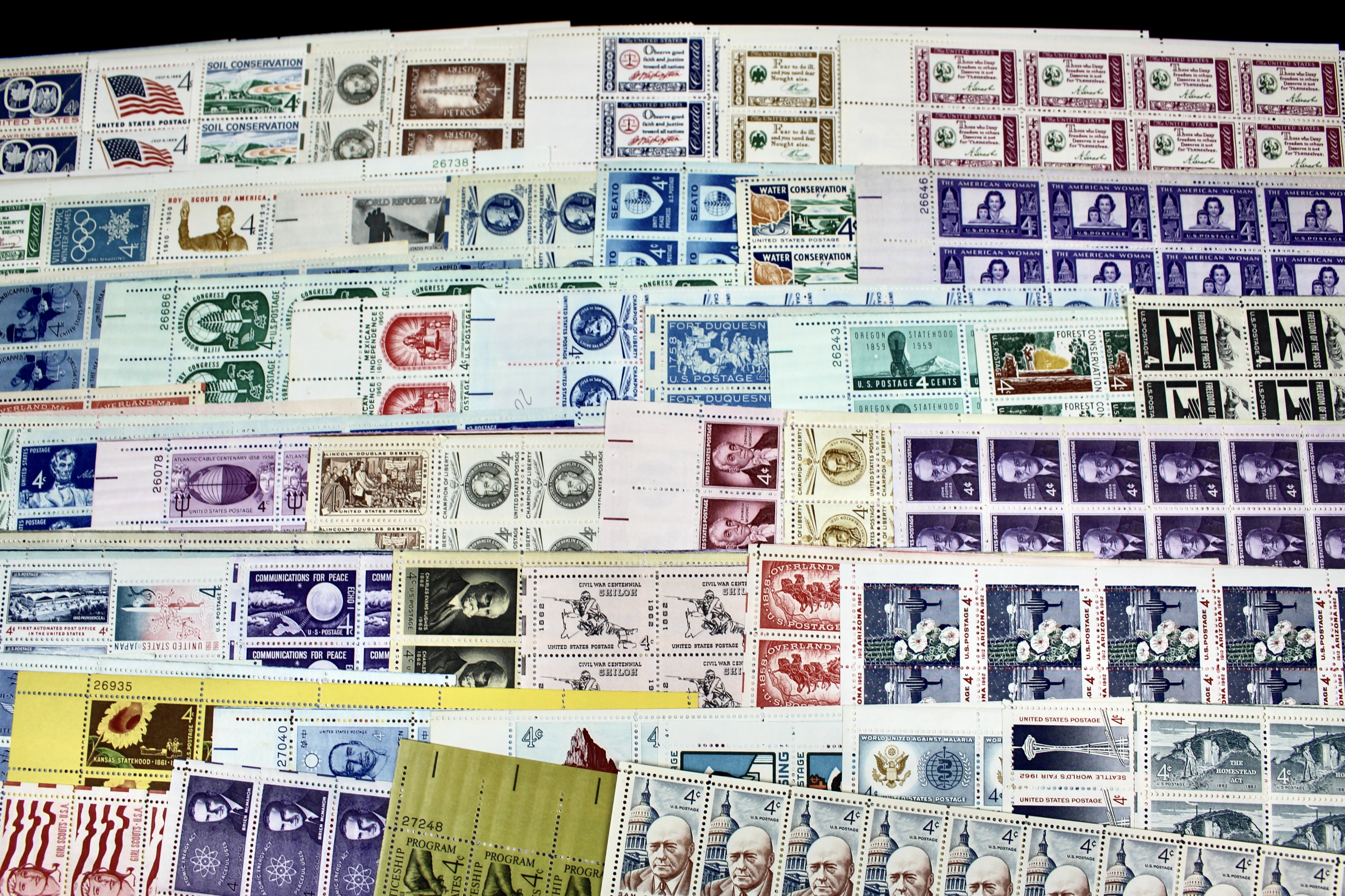 Sixty-Three Different U.S. 4-Cent Postage Stamp Sheets, 1950s and 1960s