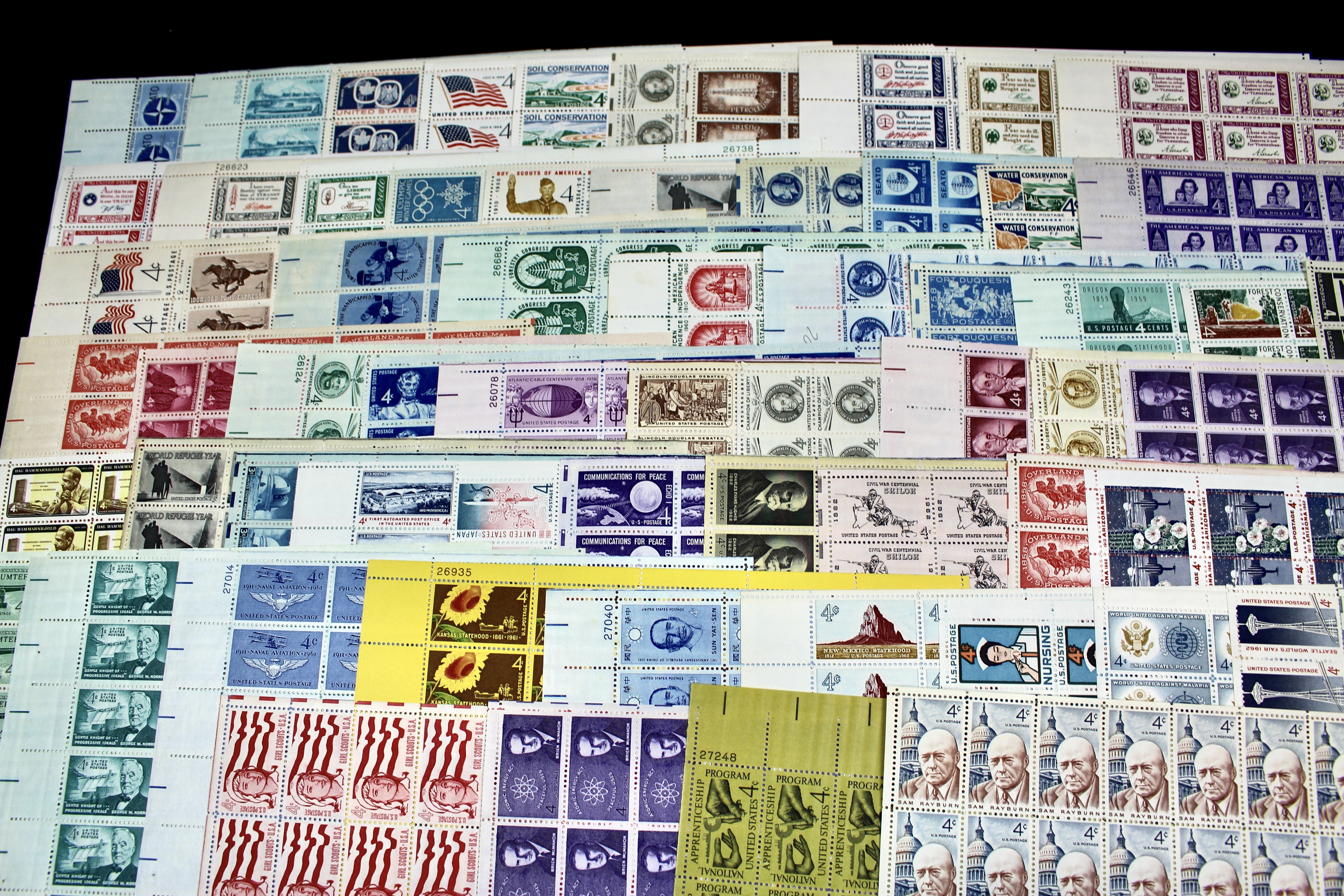 Sixty-Three Different U.S. 4-Cent Postage Stamp Sheets, 1950s and 1960s