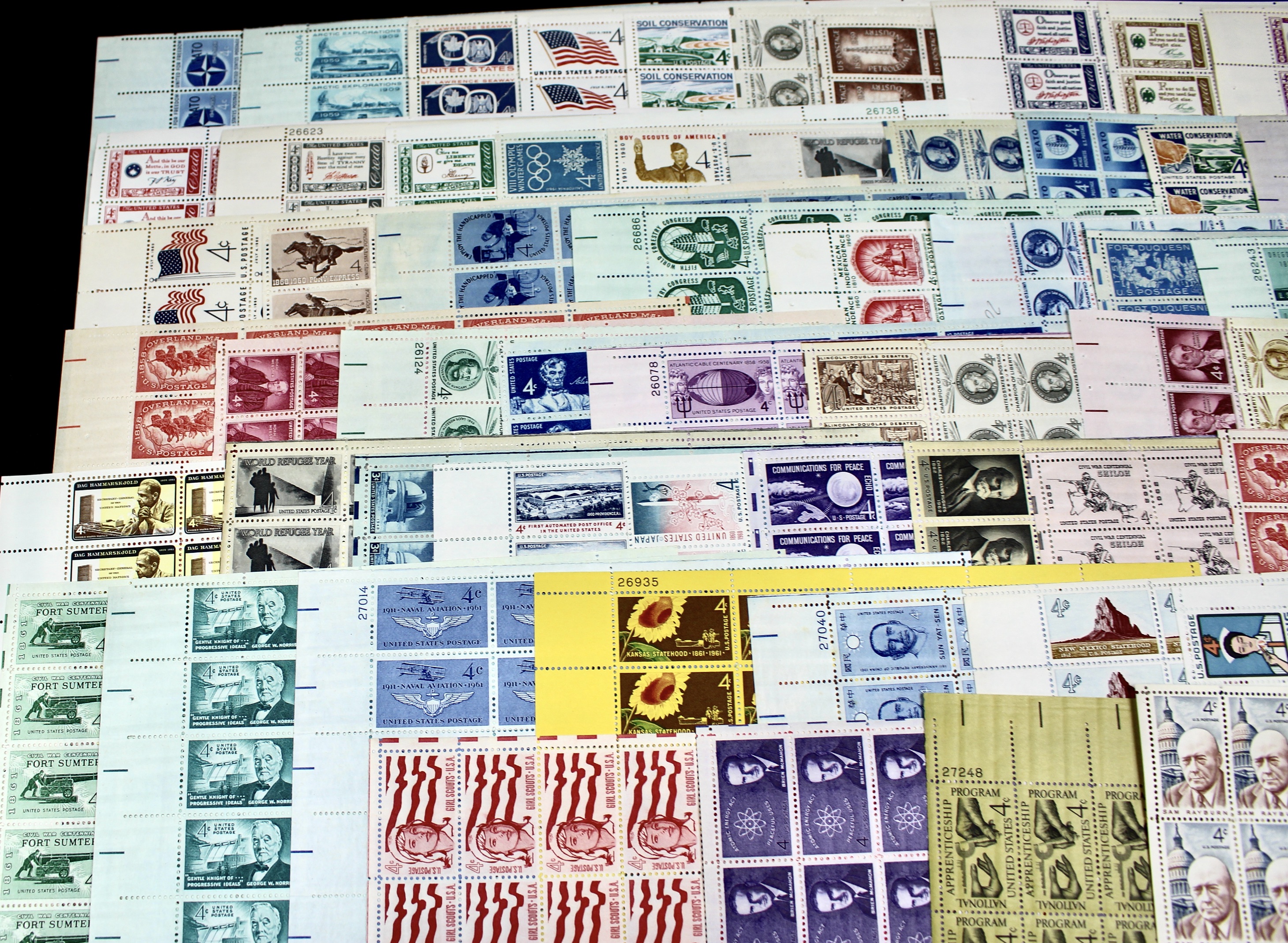 Sixty-Three Different U.S. 4-Cent Postage Stamp Sheets, 1950s and 1960s