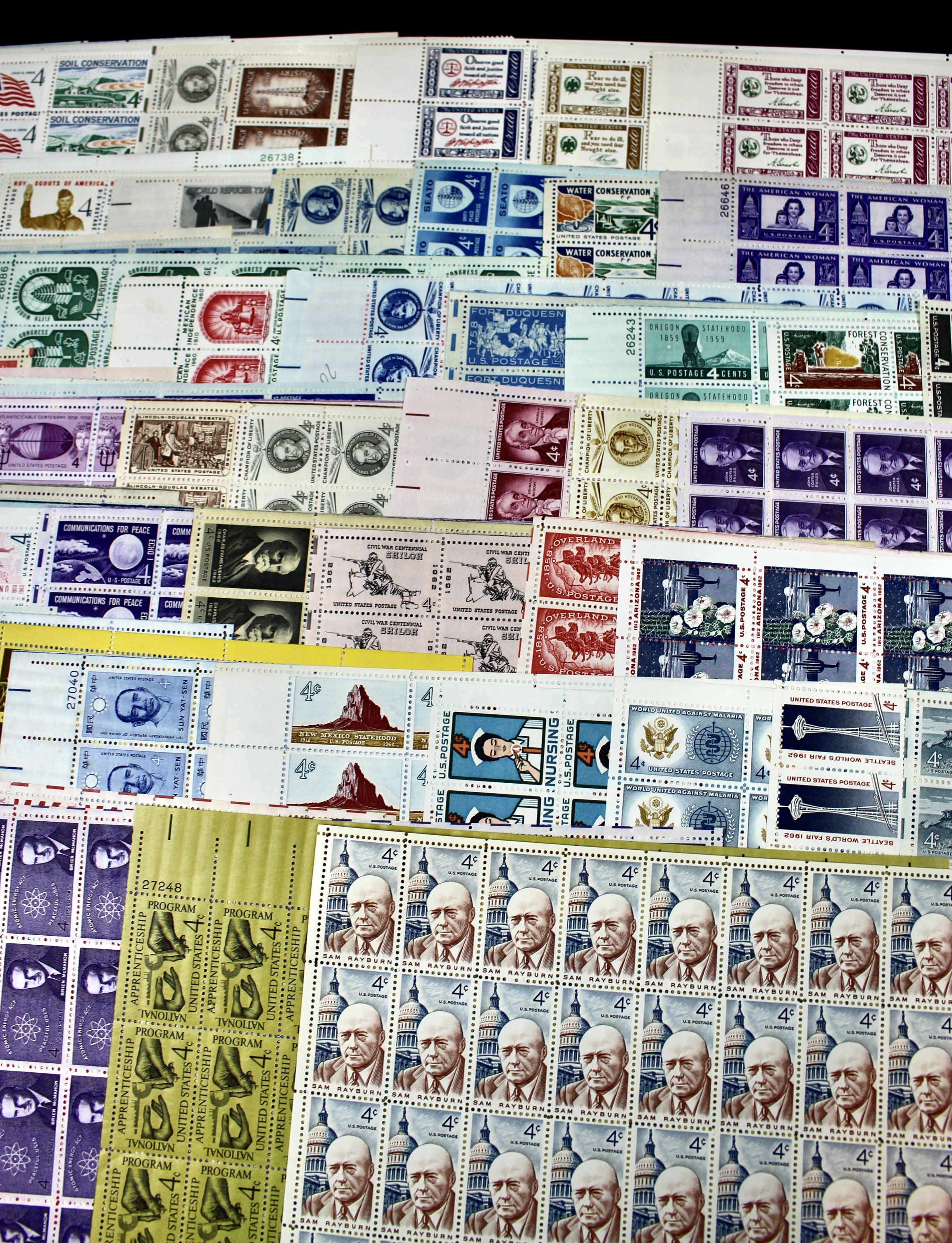 Sixty-Three Different U.S. 4-Cent Postage Stamp Sheets, 1950s and 1960s