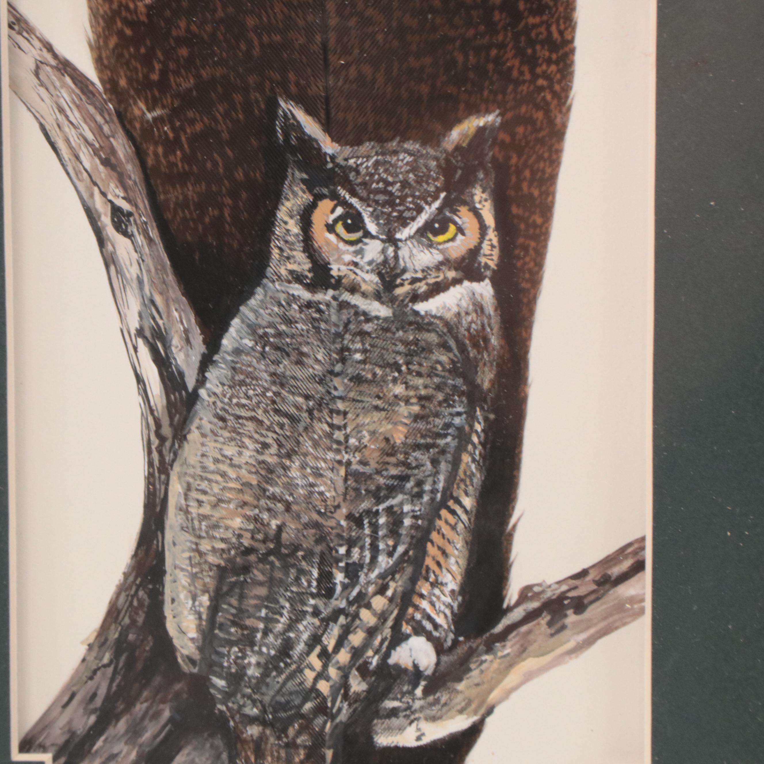 Sue Perry Rufus Acrylic Painting of Owl on Feather, 2000