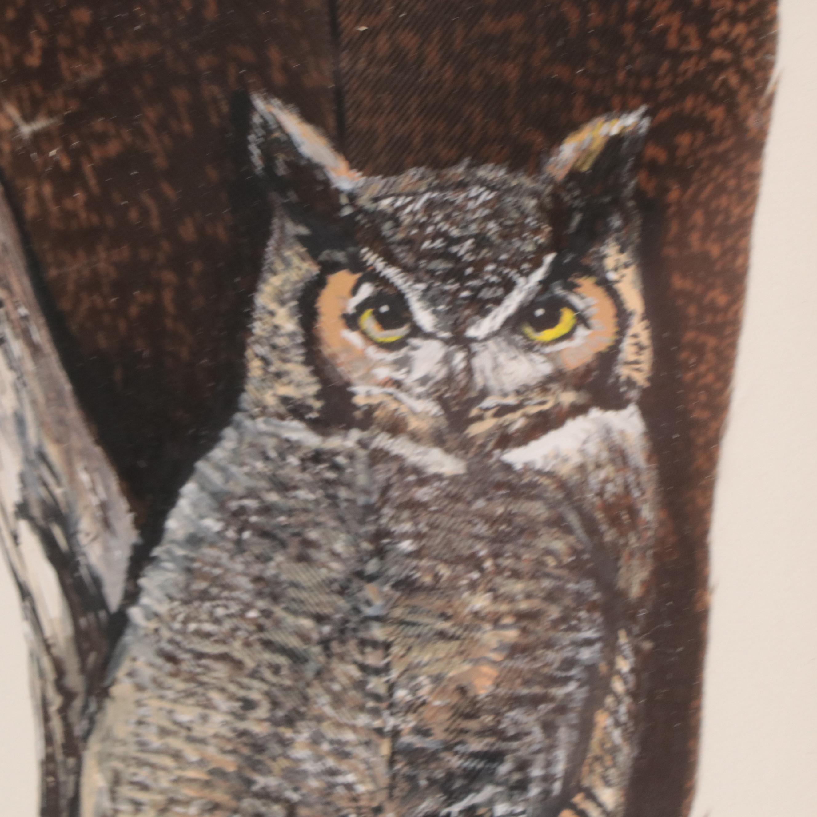 Sue Perry Rufus Acrylic Painting of Owl on Feather, 2000