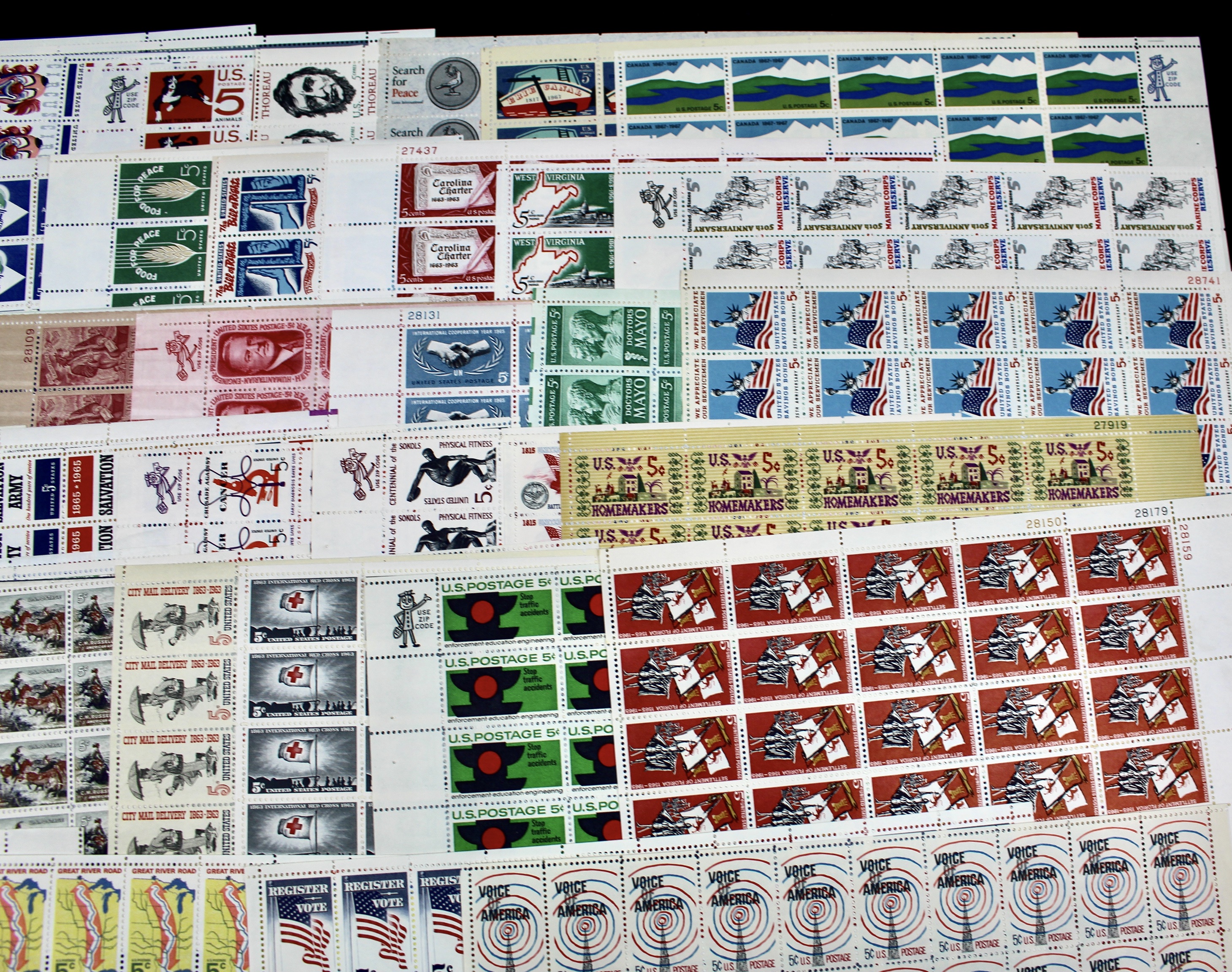 Fifty-One U.S. 5-Cent Postage Stamp Sheets, 1960s