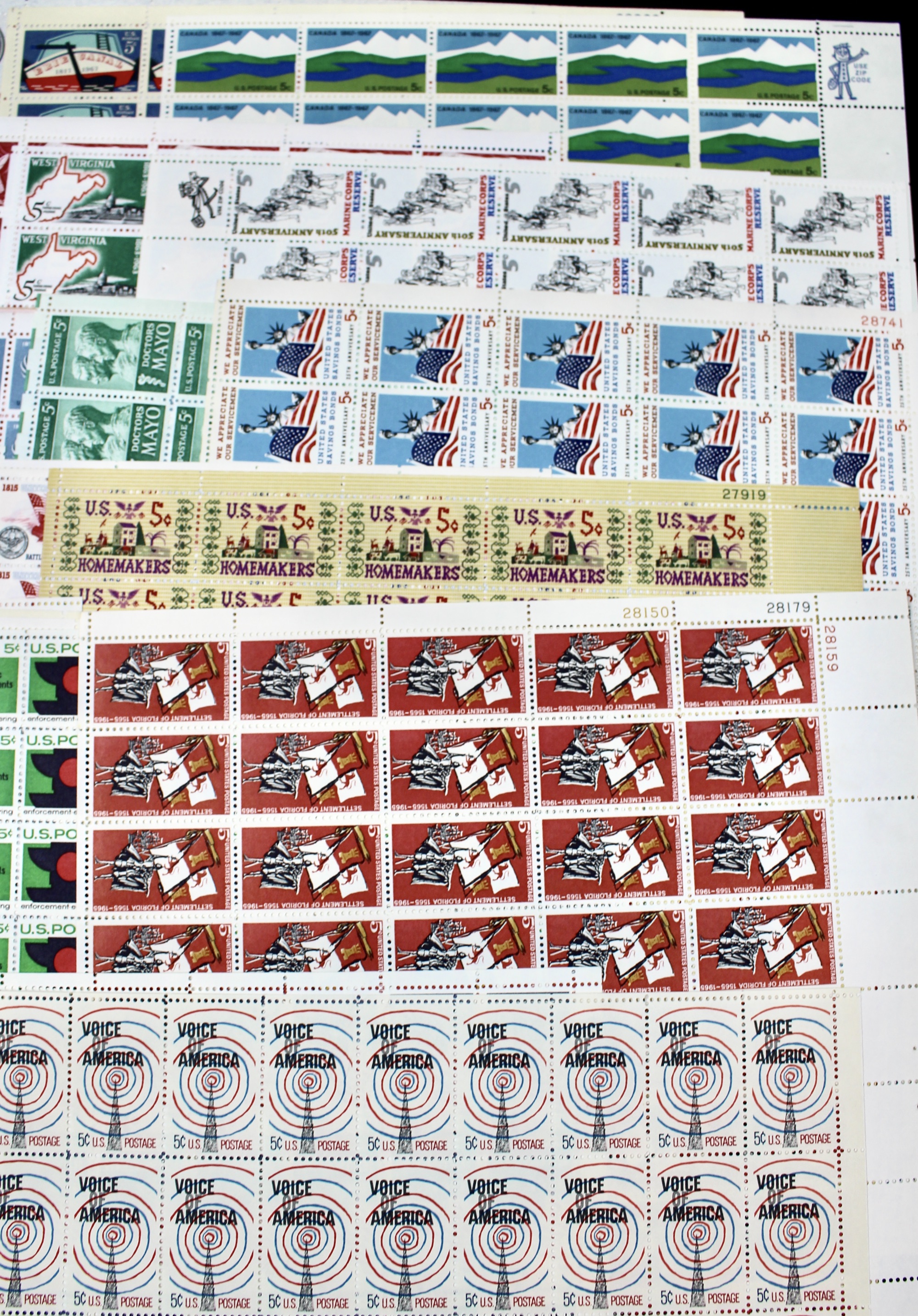 Fifty-One U.S. 5-Cent Postage Stamp Sheets, 1960s