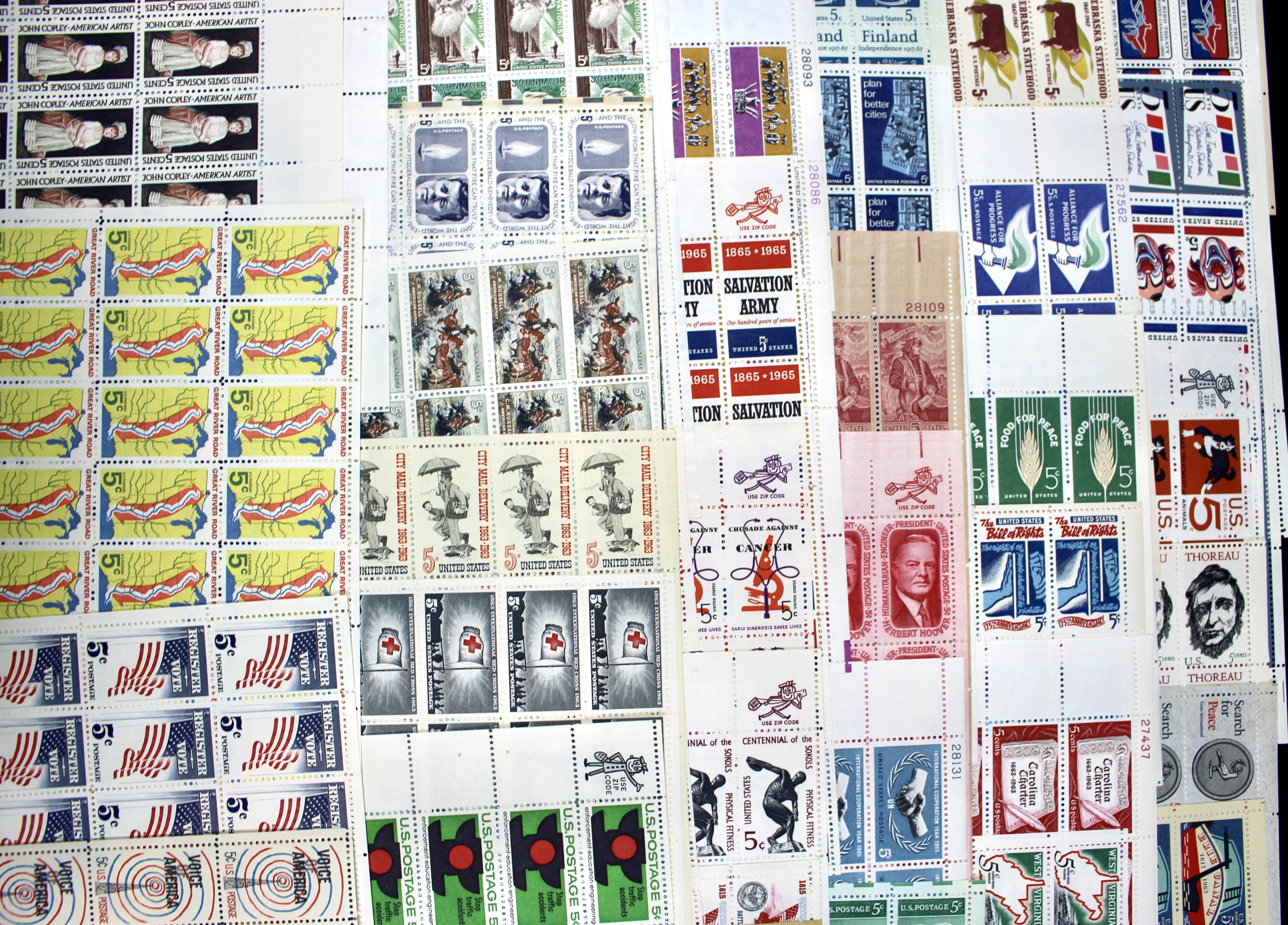 Fifty-One U.S. 5-Cent Postage Stamp Sheets, 1960s