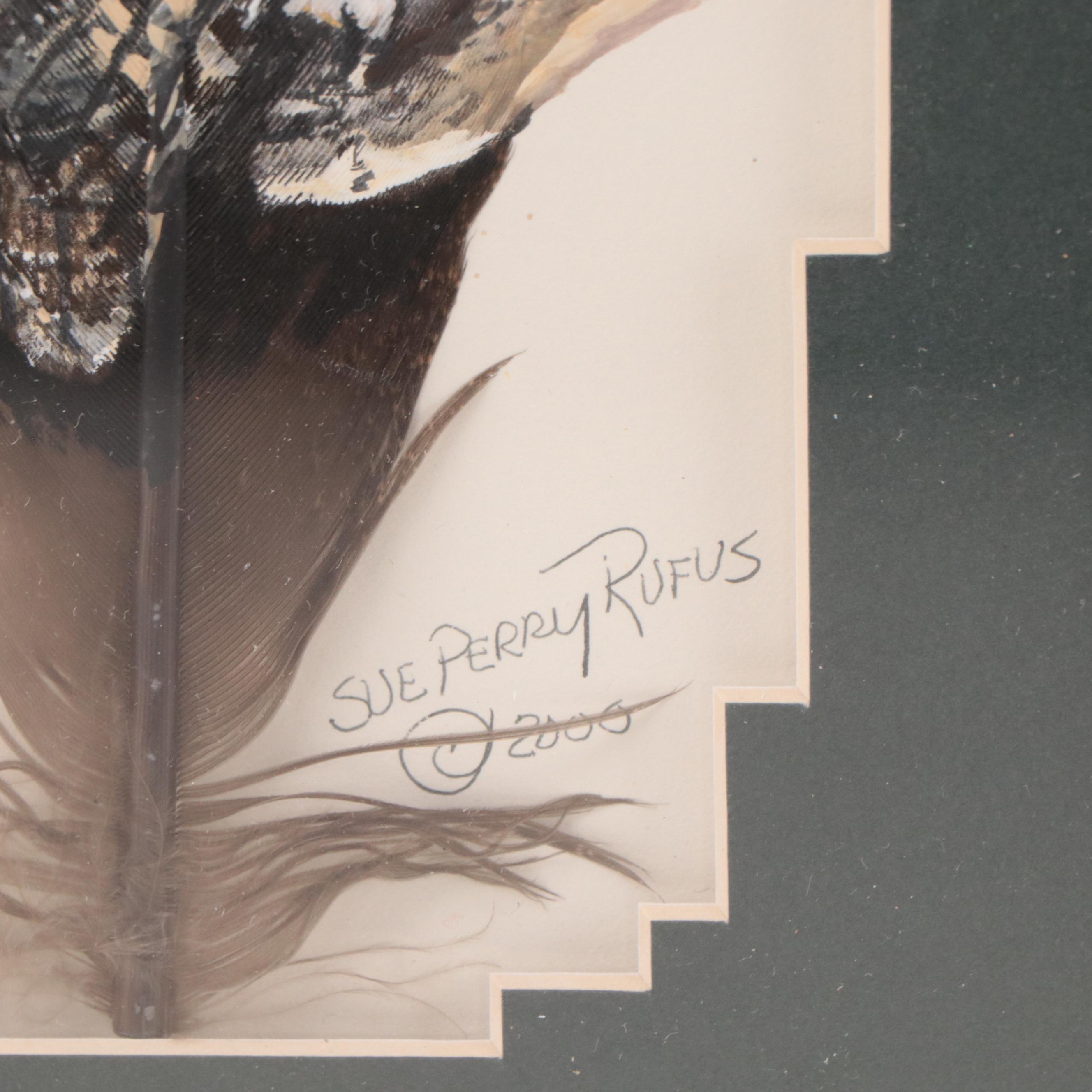 Sue Perry Rufus Acrylic Painting of Owl on Feather, 2000