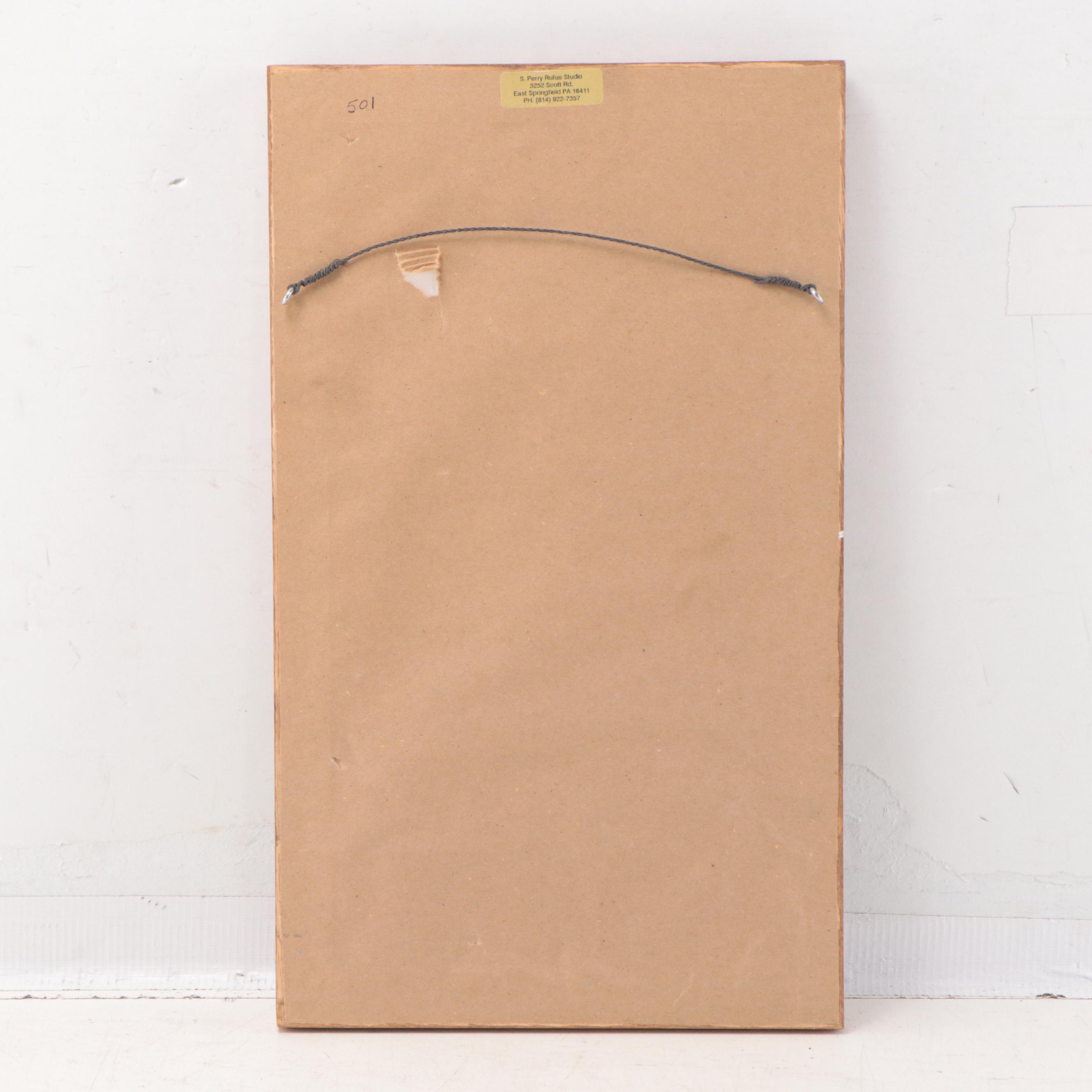 Sue Perry Rufus Acrylic Painting of Owl on Feather, 2000