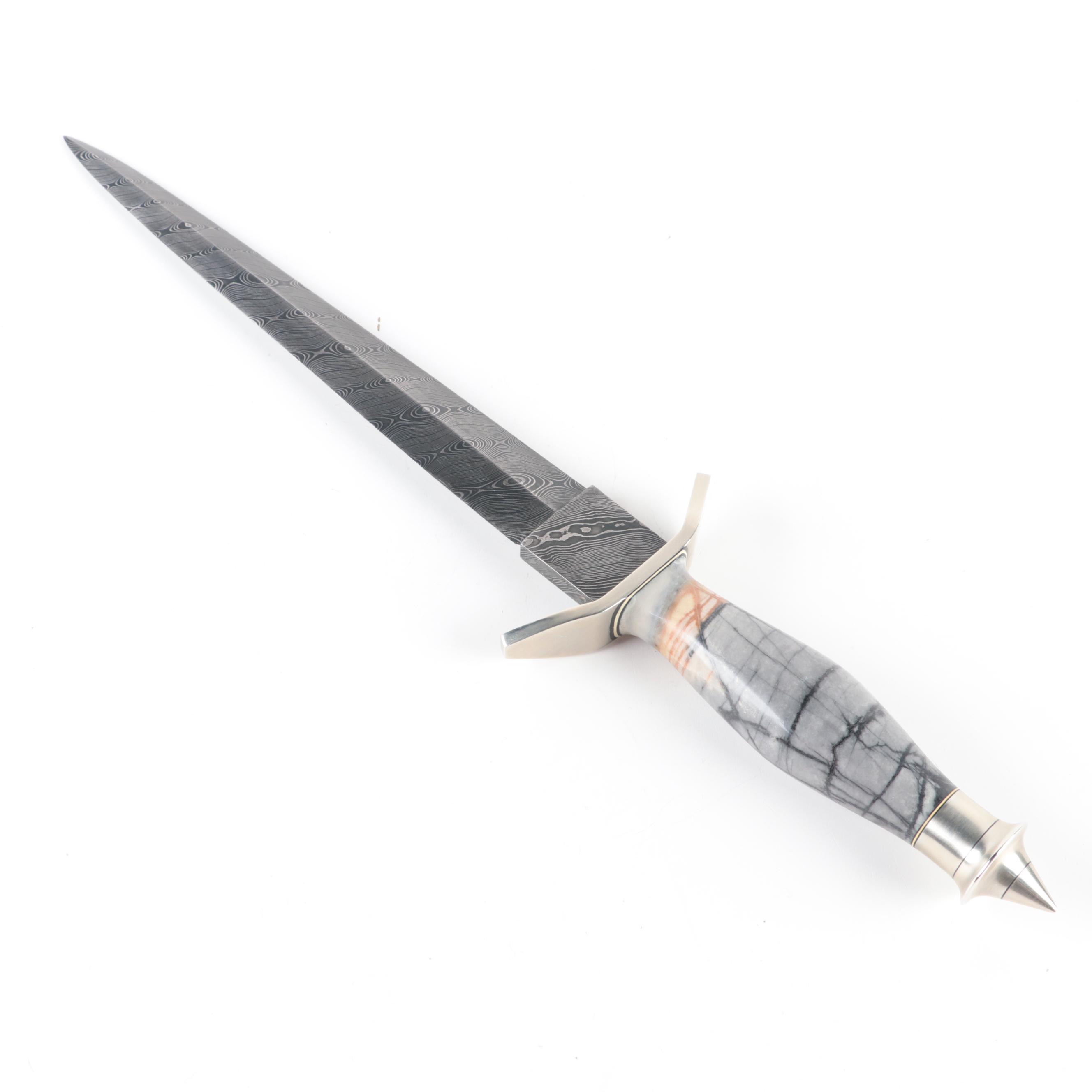 Prairie Forge Damascus Steel and Marble-Handled Knife Crafted by Doug Ponzio