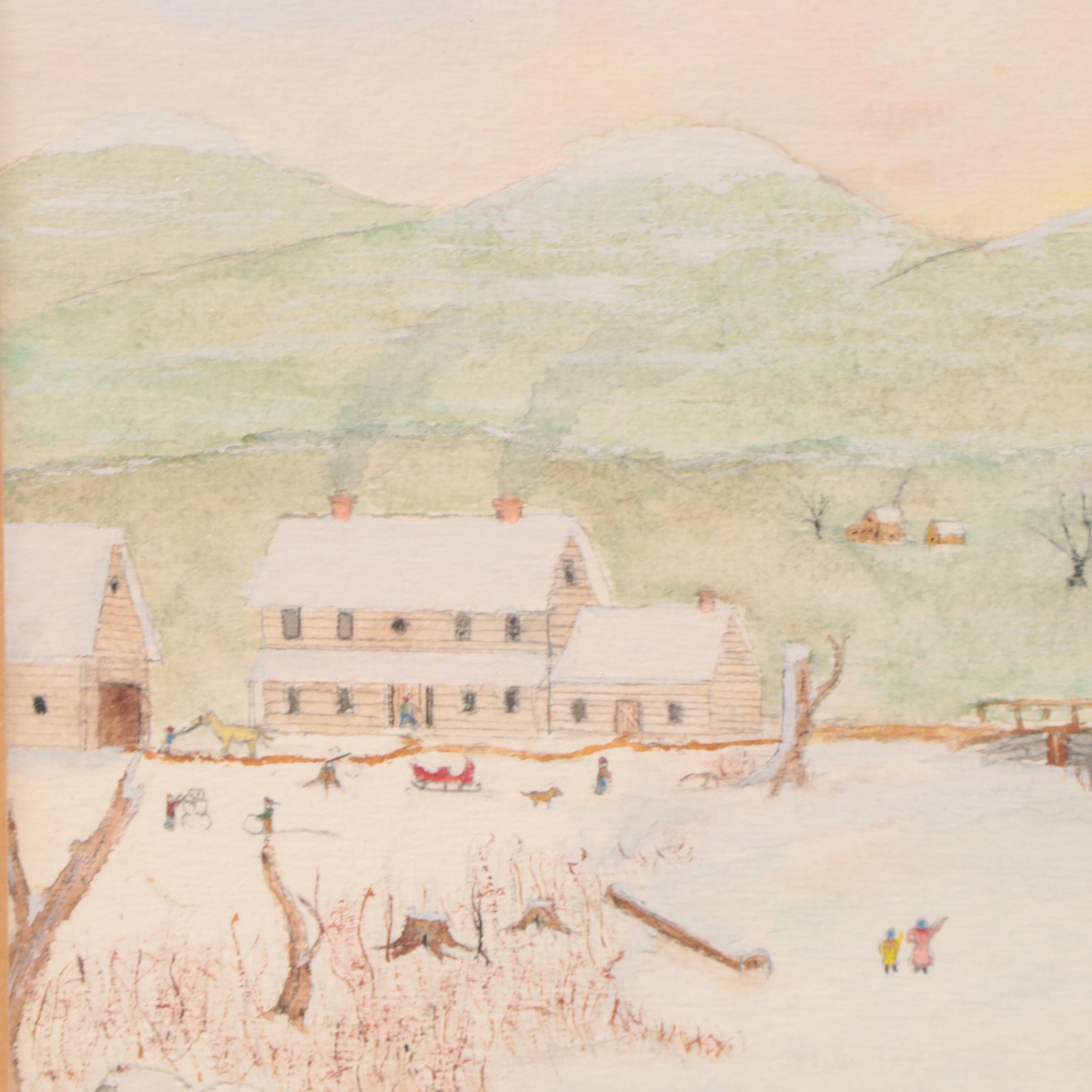 Watercolor Painting of Winter Landscape