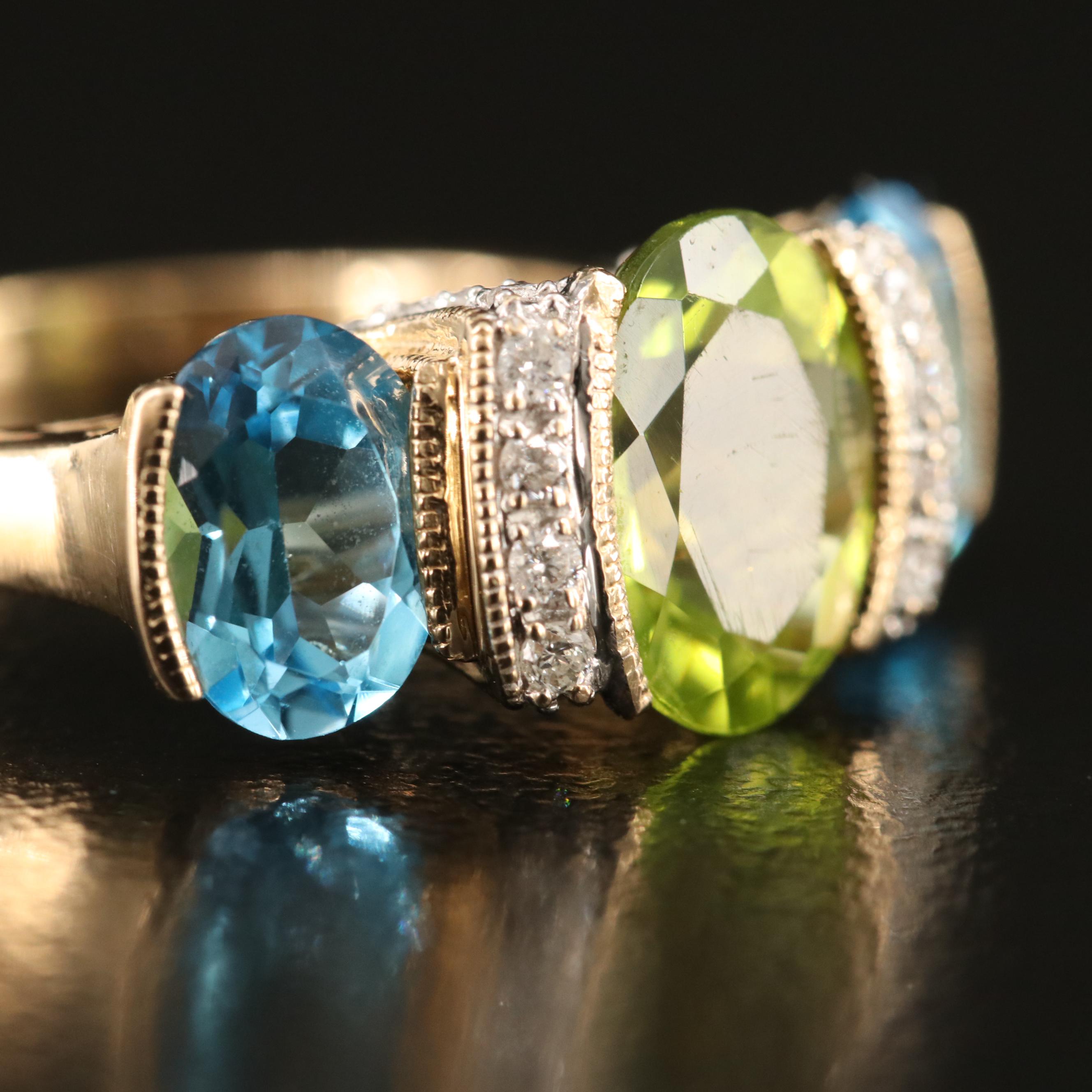 14K Peridot, Topaz and Diamond Ring