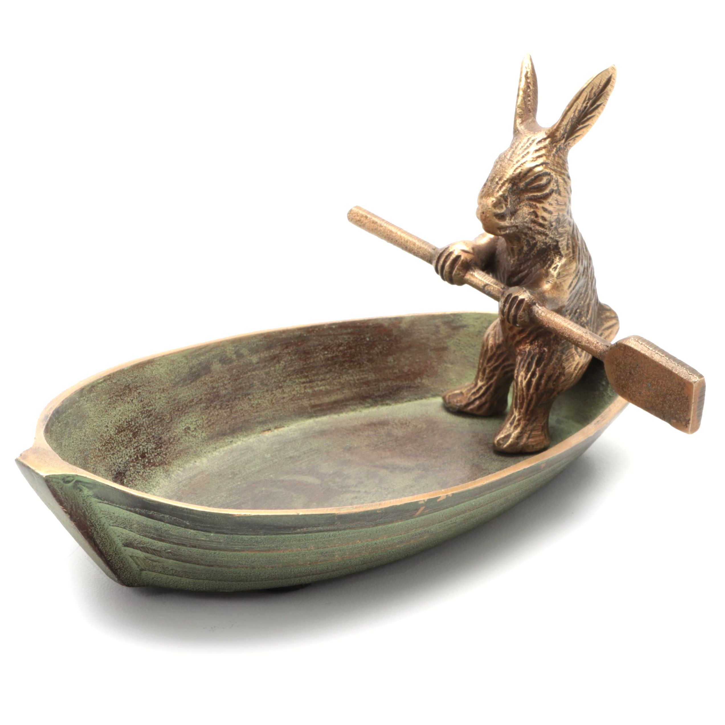 Brass and Cast Iron Rabbit In Rowboat Trinket Dish