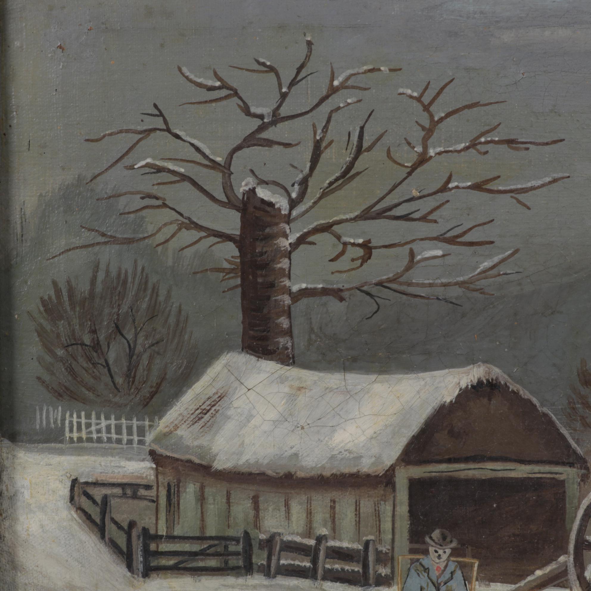 Naive Art Oil Painting of Man Carrying Buckets Across Snowy Farmyard, Circa 1900