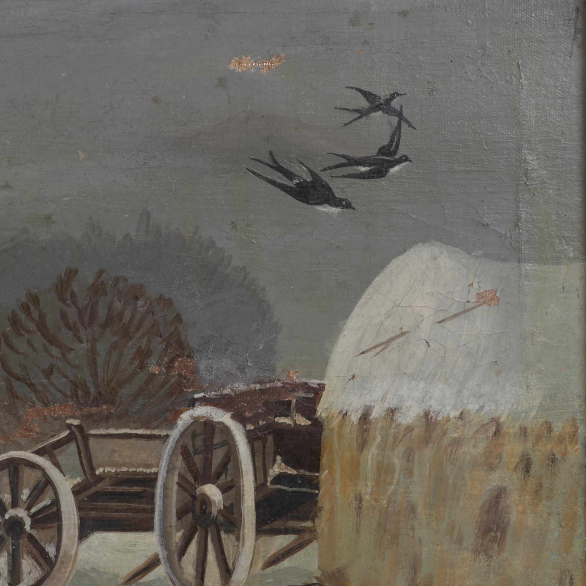 Naive Art Oil Painting of Man Carrying Buckets Across Snowy Farmyard, Circa 1900