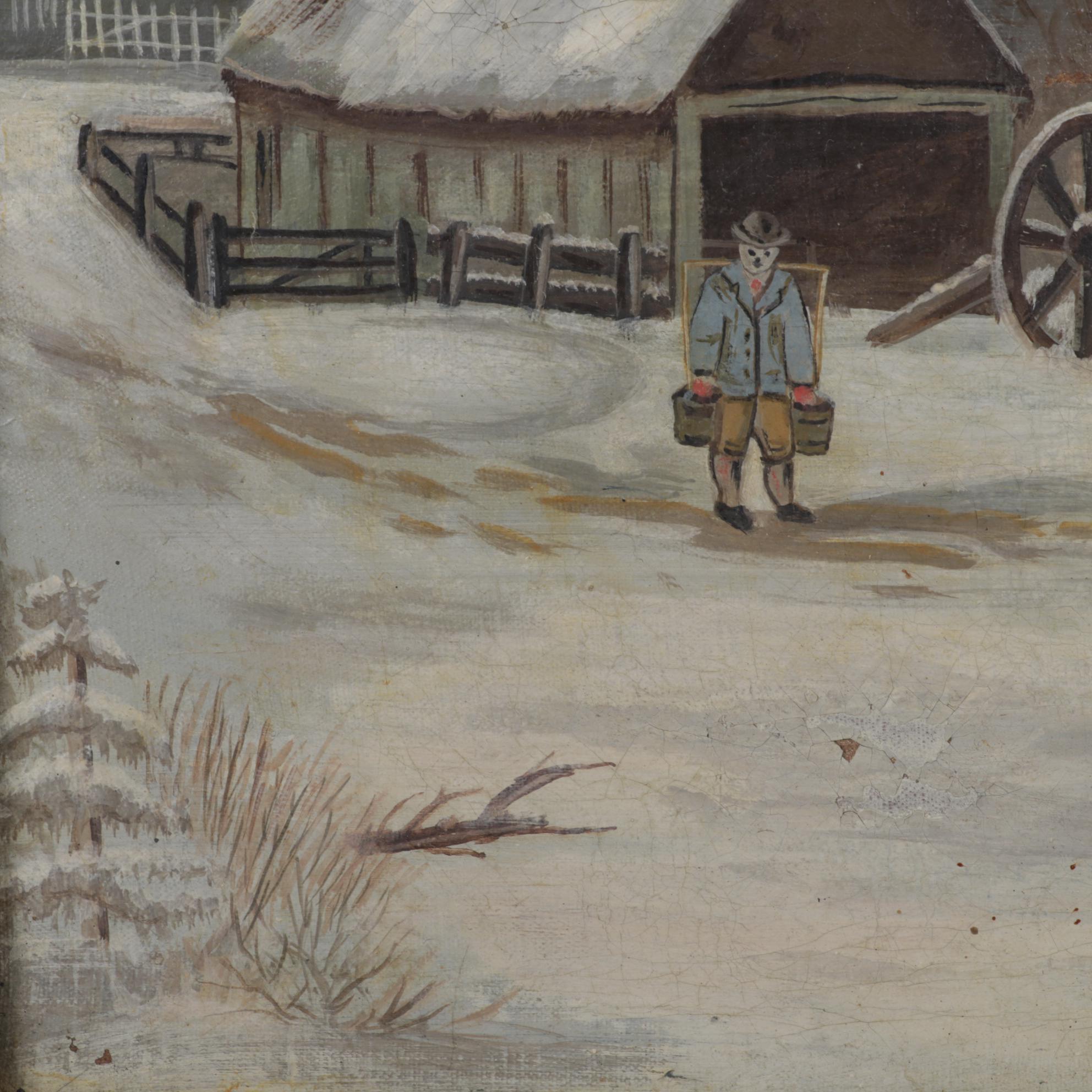 Naive Art Oil Painting of Man Carrying Buckets Across Snowy Farmyard, Circa 1900