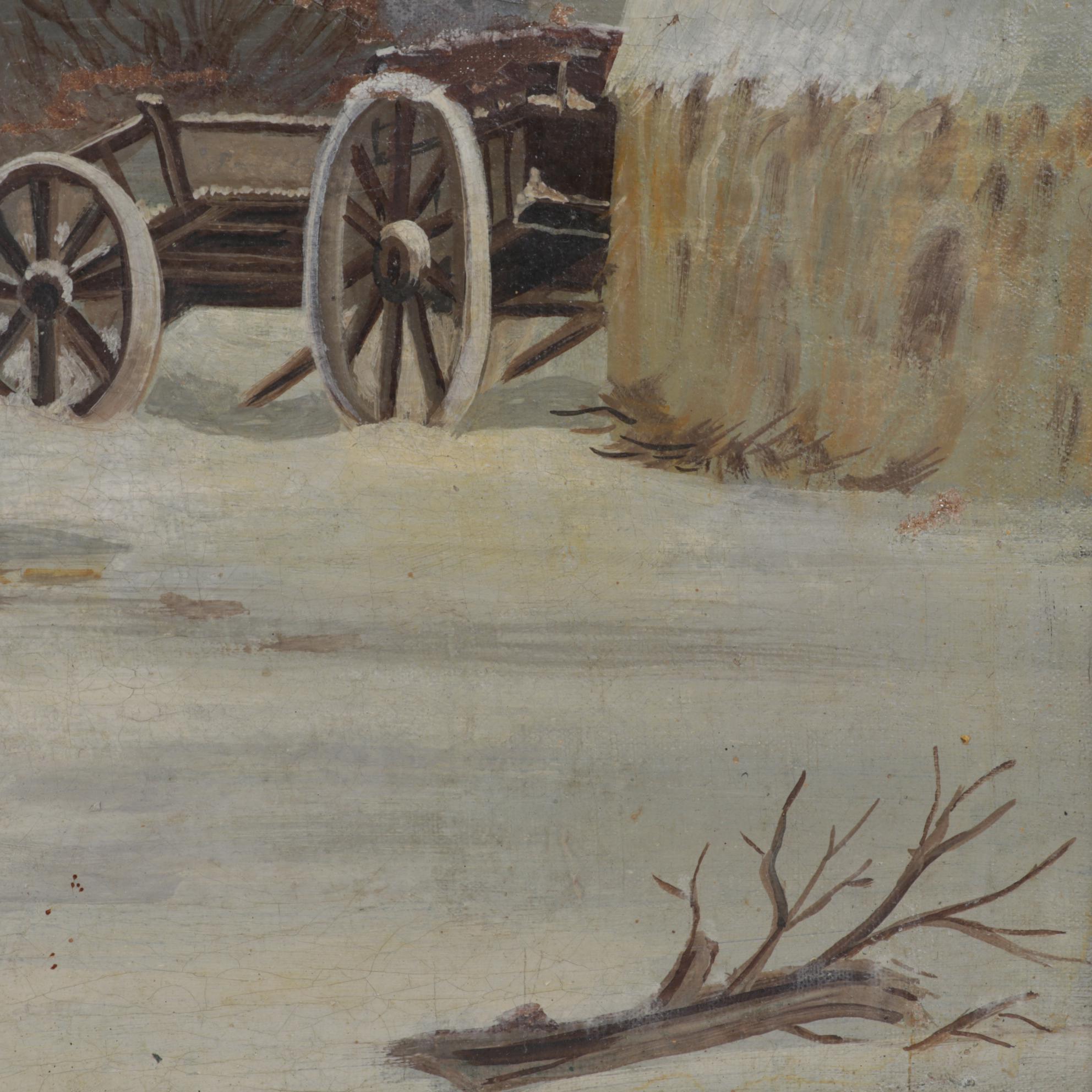 Naive Art Oil Painting of Man Carrying Buckets Across Snowy Farmyard, Circa 1900