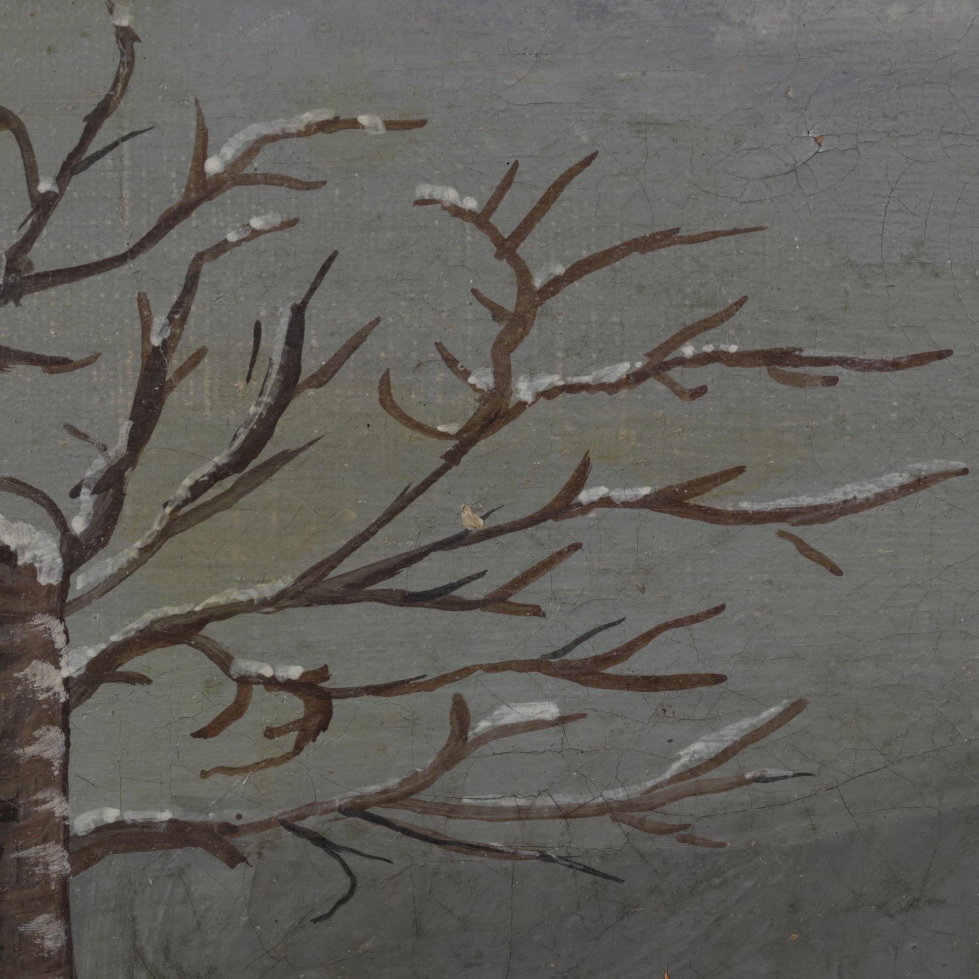 Naive Art Oil Painting of Man Carrying Buckets Across Snowy Farmyard, Circa 1900