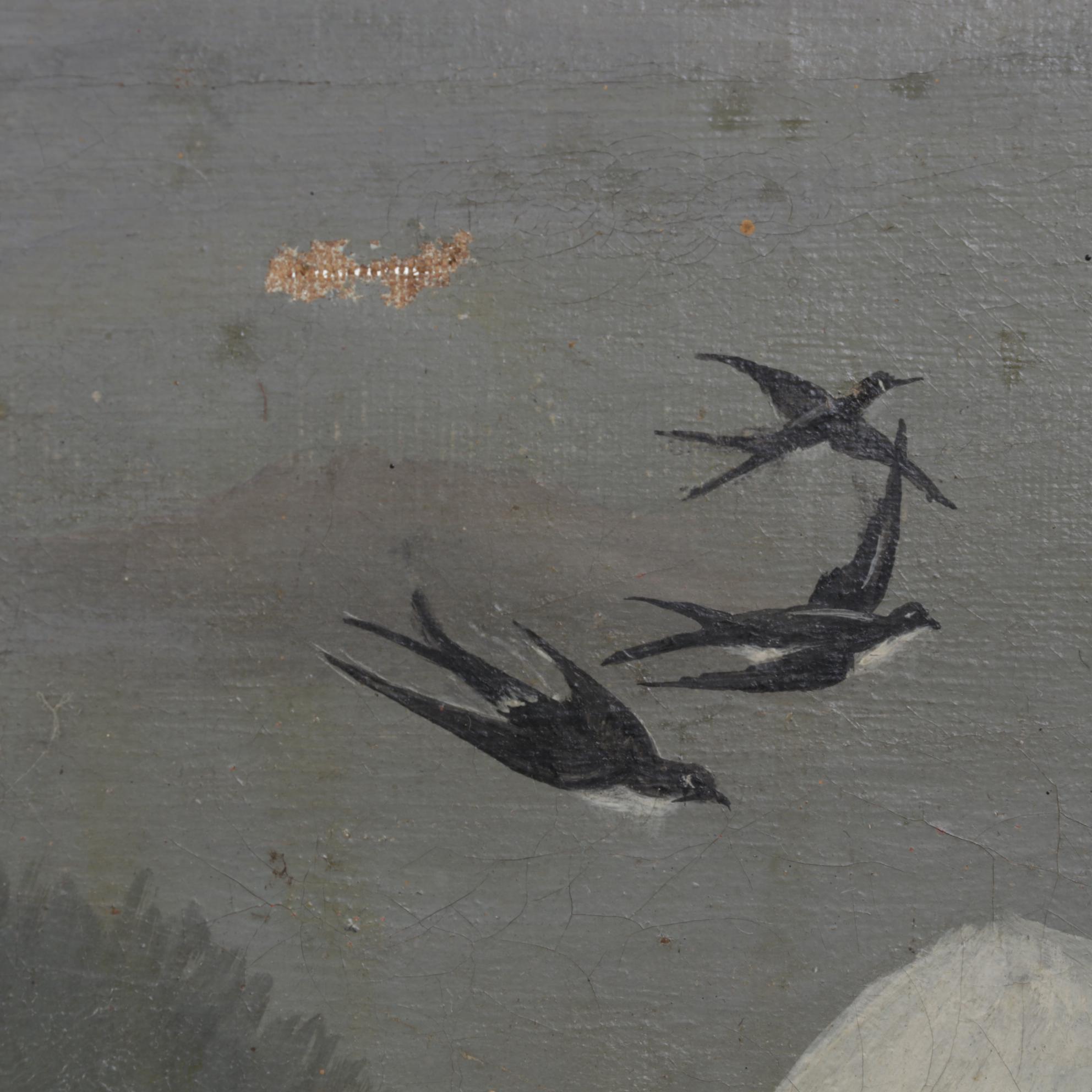 Naive Art Oil Painting of Man Carrying Buckets Across Snowy Farmyard, Circa 1900