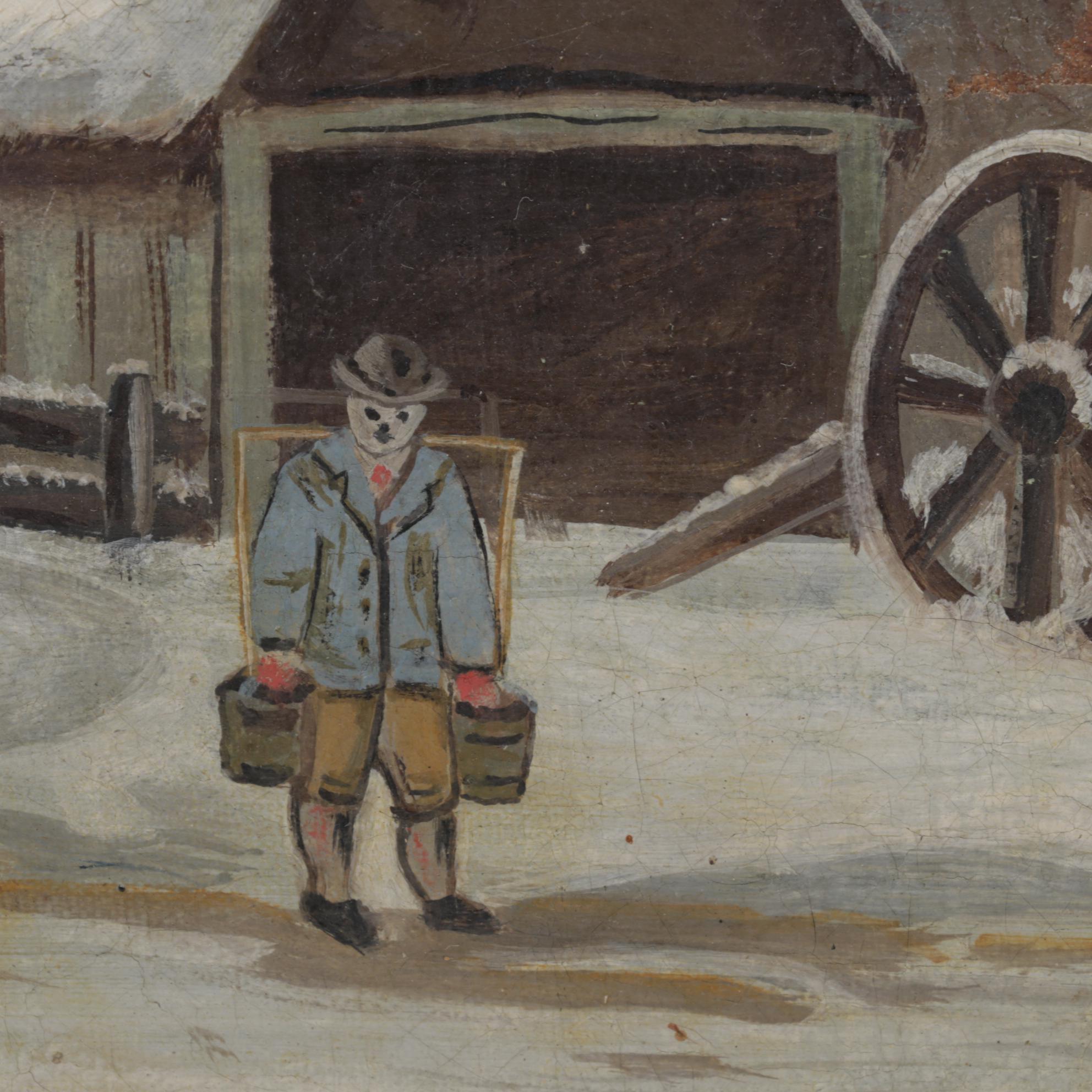 Naive Art Oil Painting of Man Carrying Buckets Across Snowy Farmyard, Circa 1900