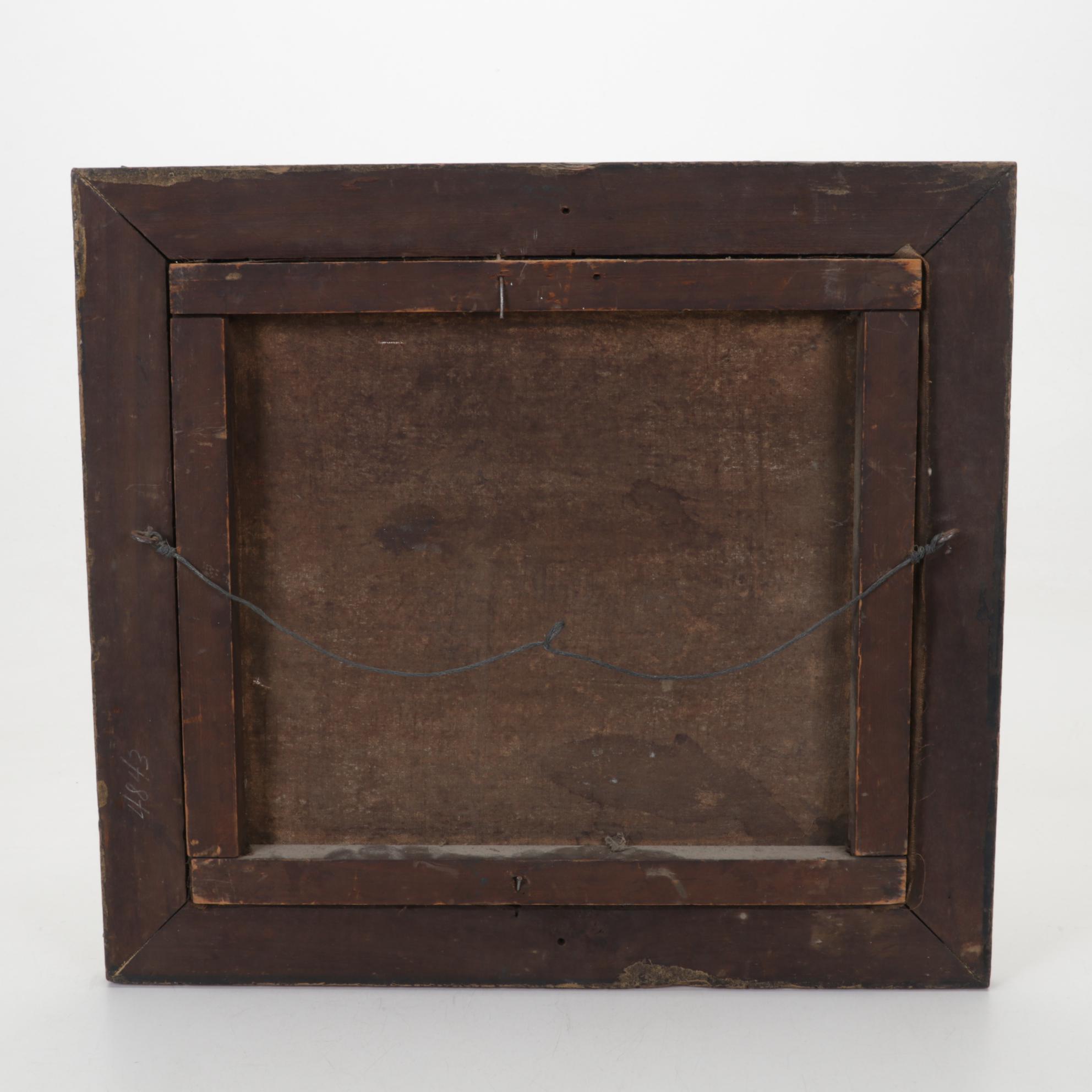 Naive Art Oil Painting of Man Carrying Buckets Across Snowy Farmyard, Circa 1900