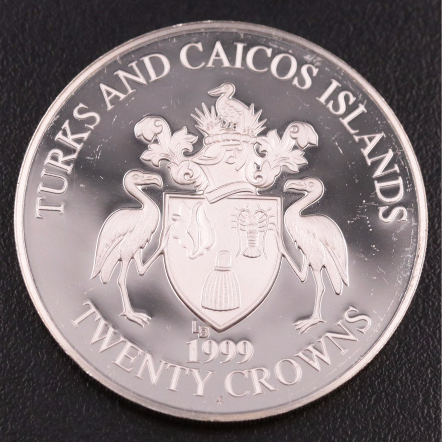 1999 Turks and Caicos Proof 20 Crowns Silver Coin