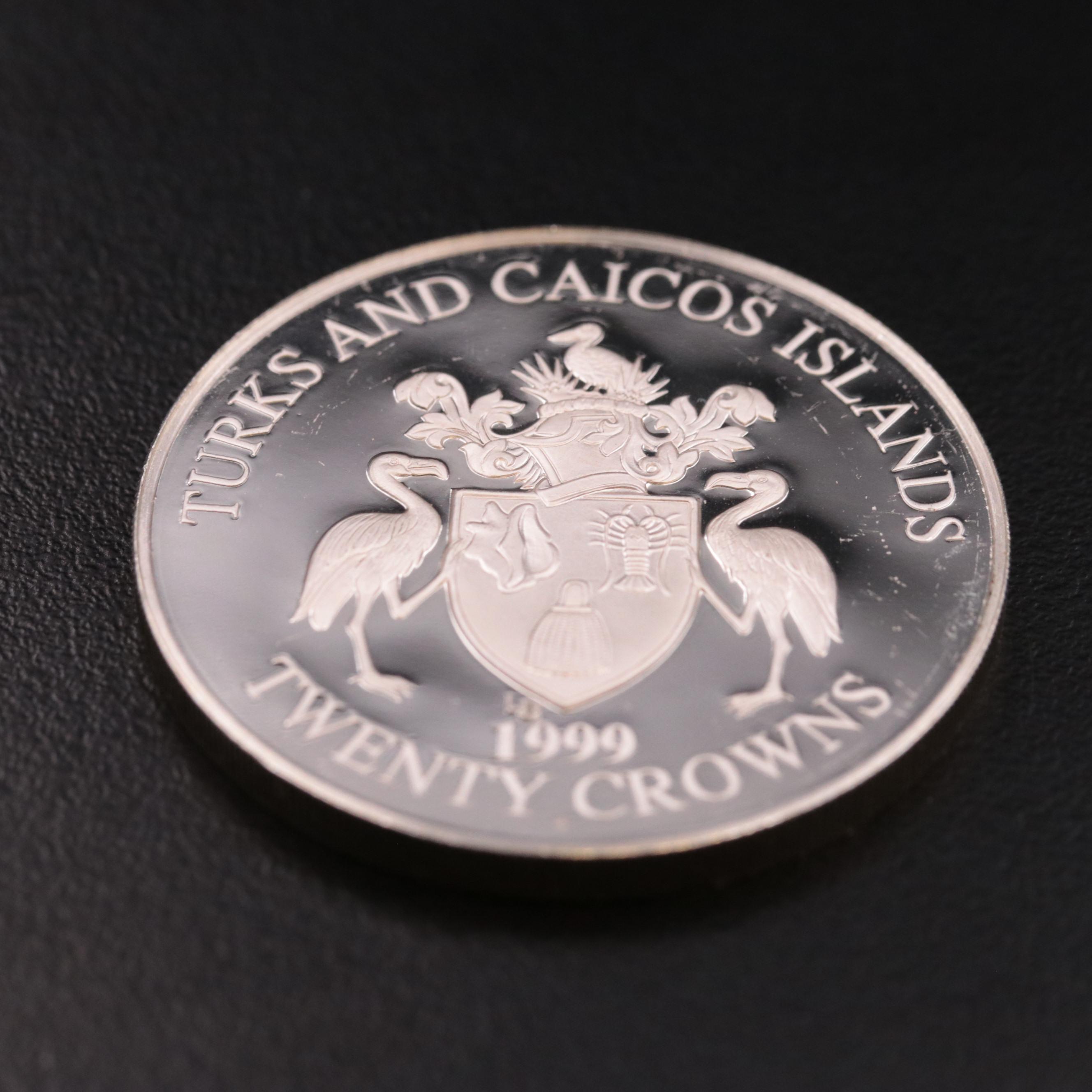 1999 Turks and Caicos Proof 20 Crowns Silver Coin
