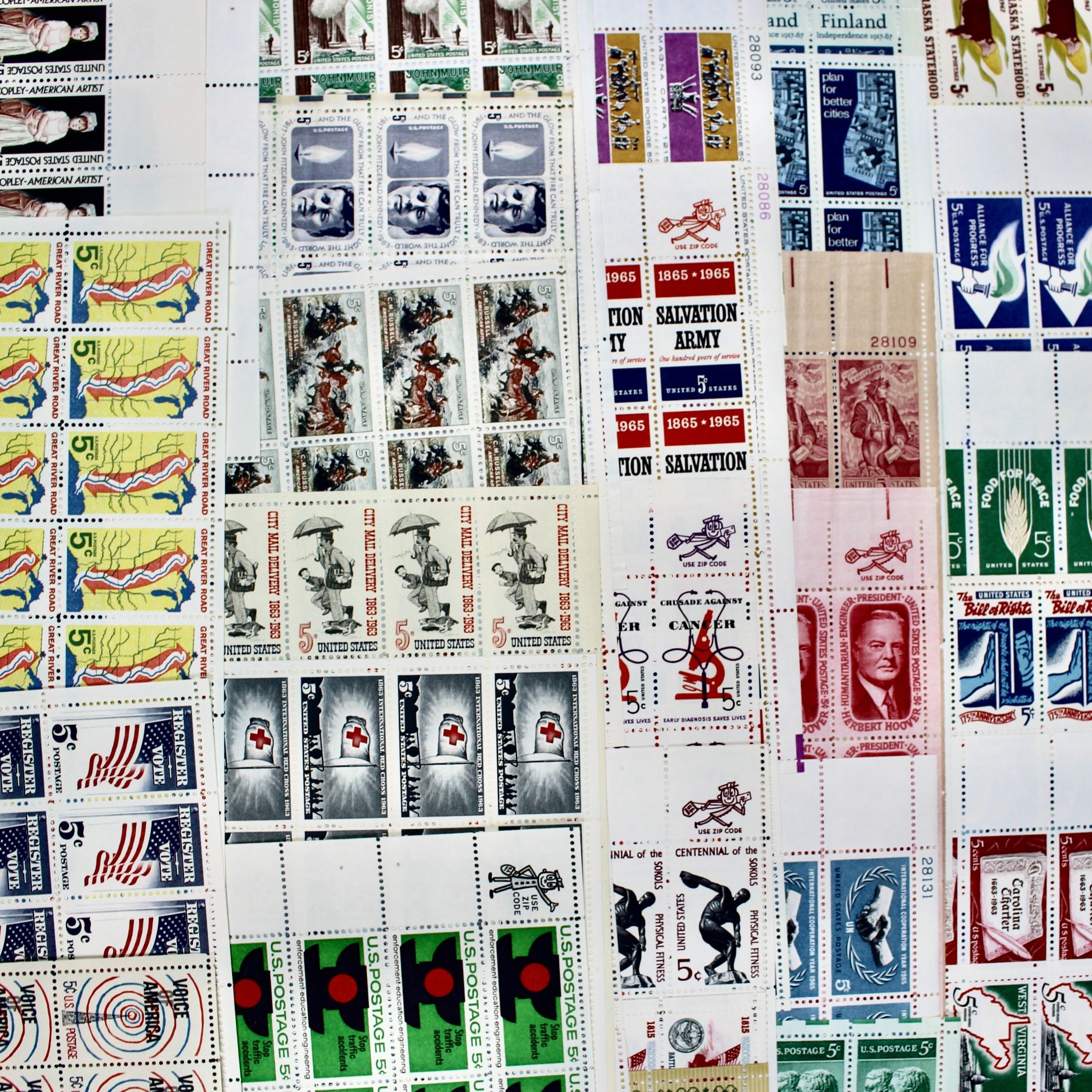 Fifty-One U.S. 5-Cent Postage Stamp Sheets, 1960s