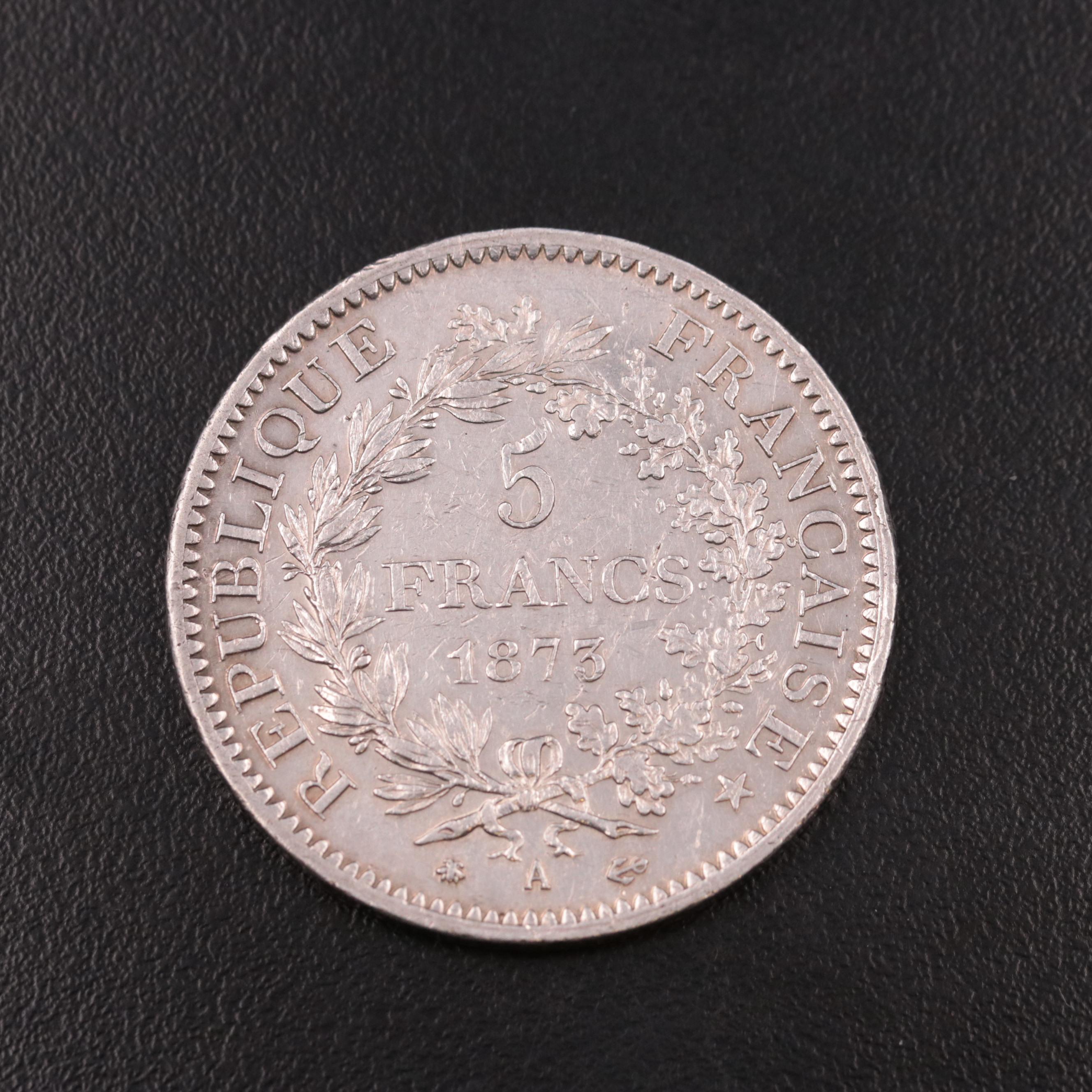 1873-A France Five Franc Silver Coin