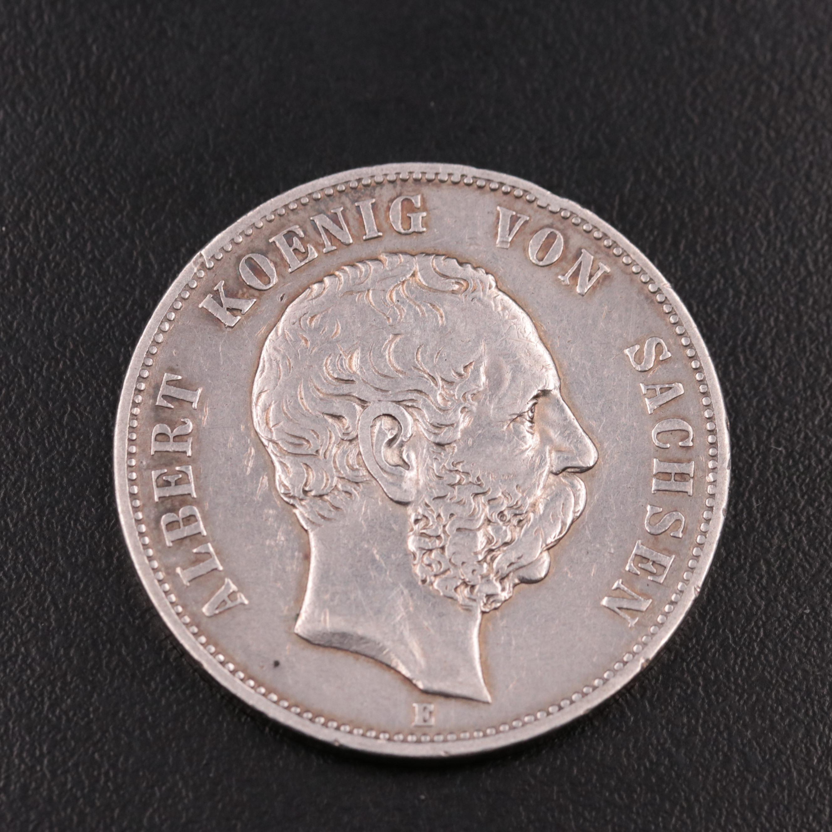 1876-E German States (Saxony-Albertine) Five Marks Silver Coin