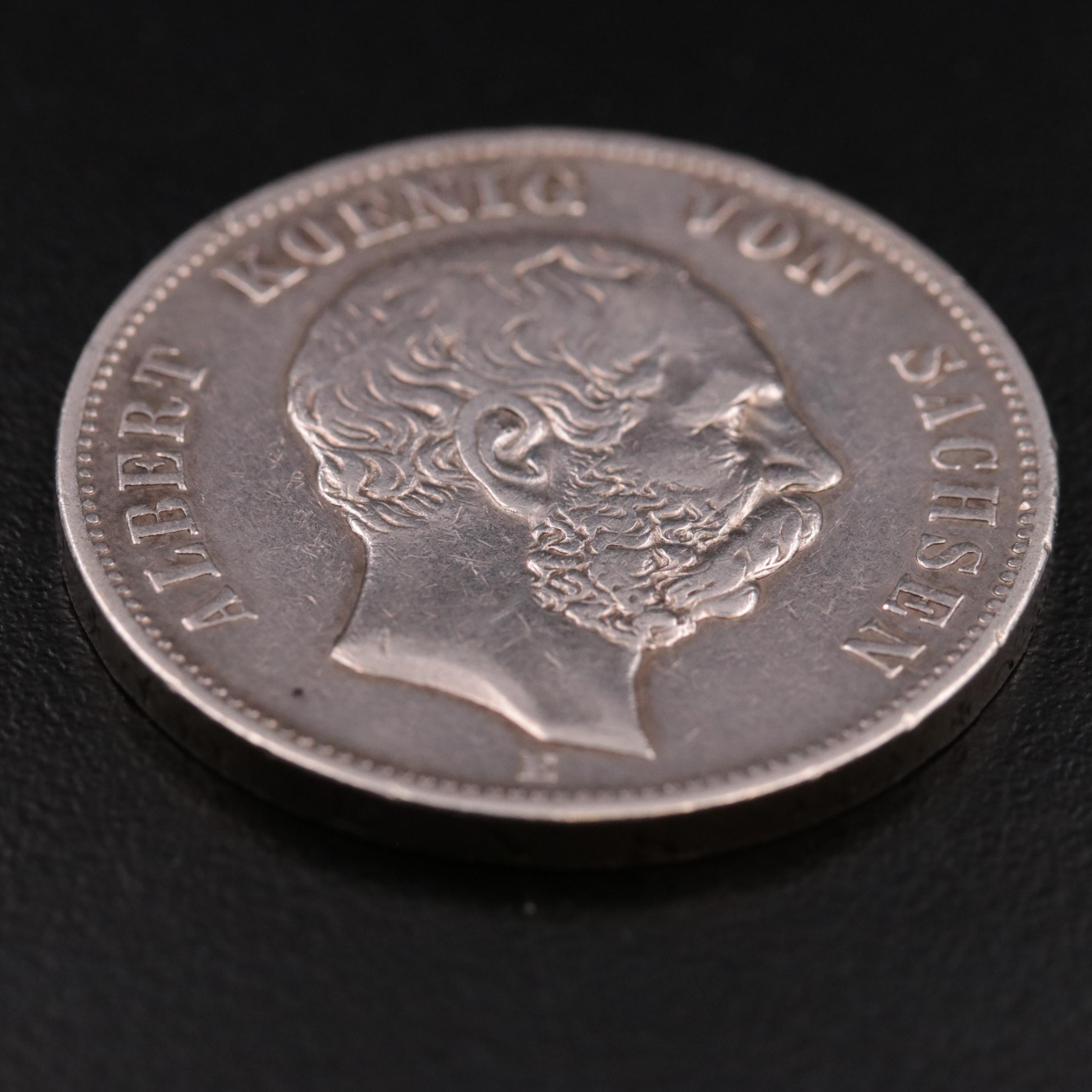 1876-E German States (Saxony-Albertine) Five Marks Silver Coin