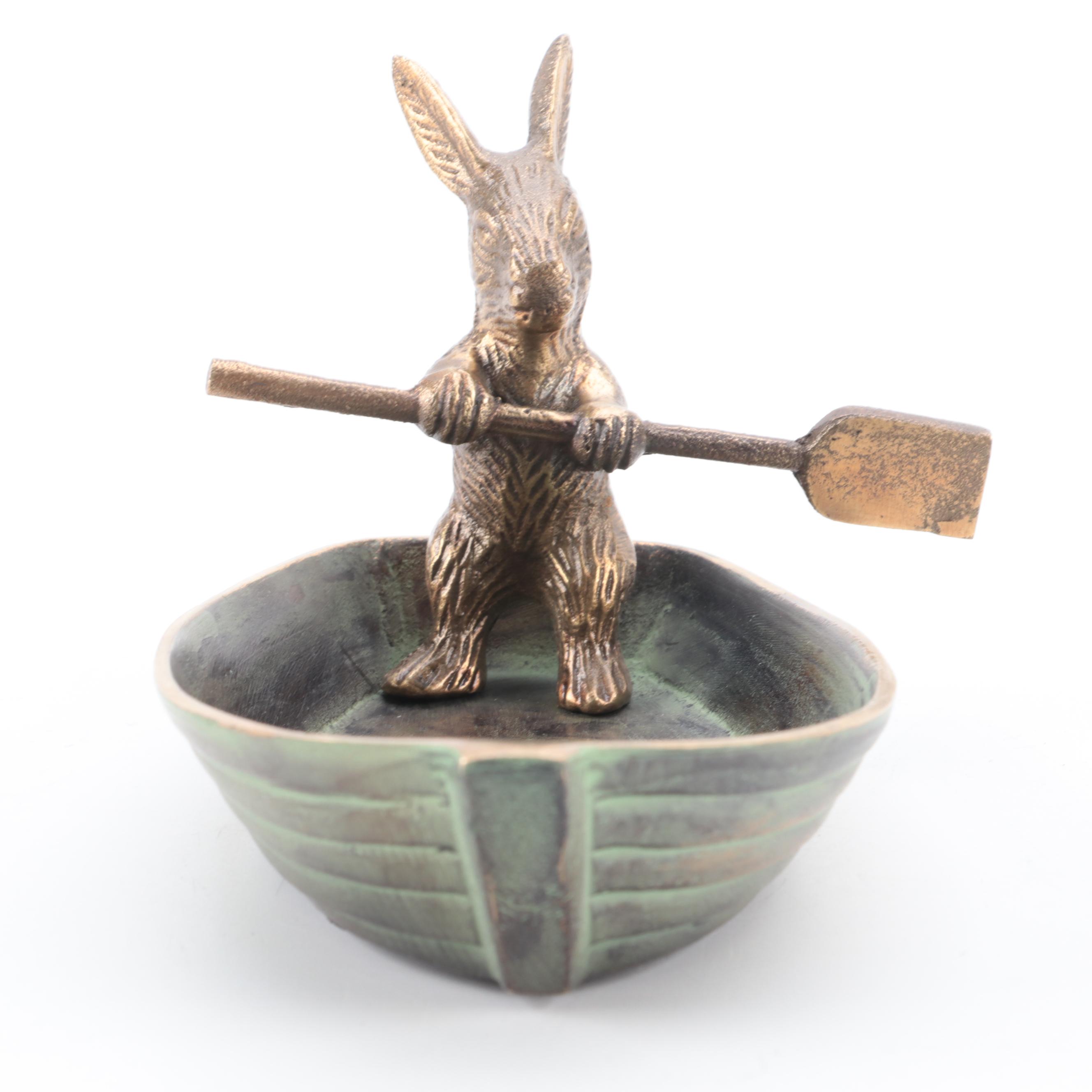 Patinated Cast Metal Bunny in Rowboat Trinket Dish