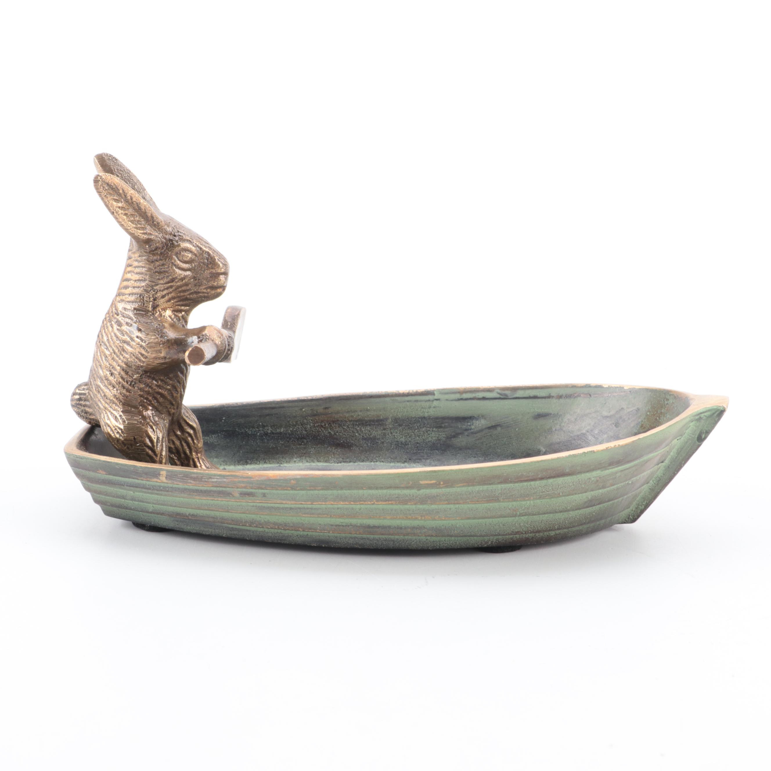 Patinated Cast Metal Bunny in Rowboat Trinket Dish