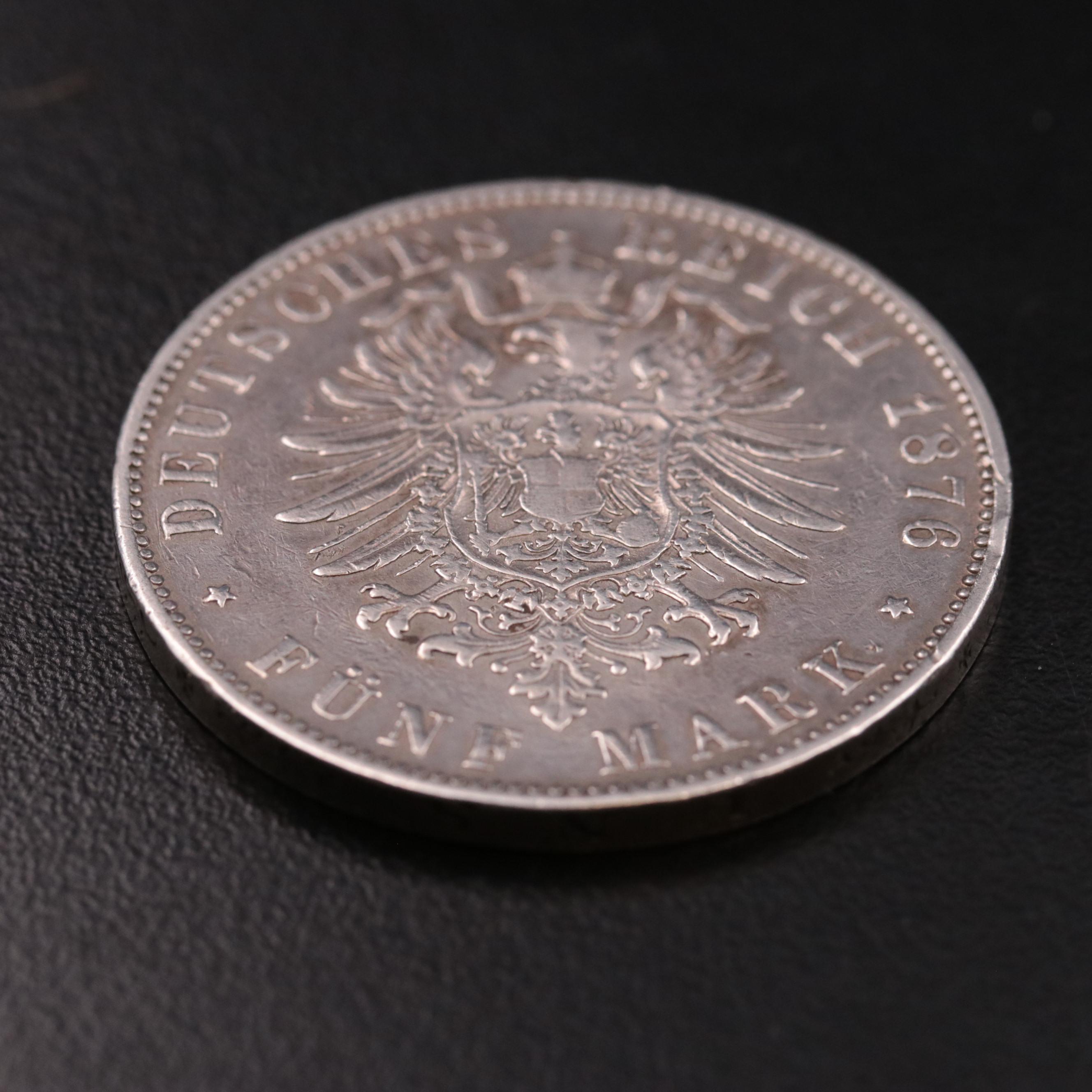 1876-E German States (Saxony-Albertine) Five Marks Silver Coin