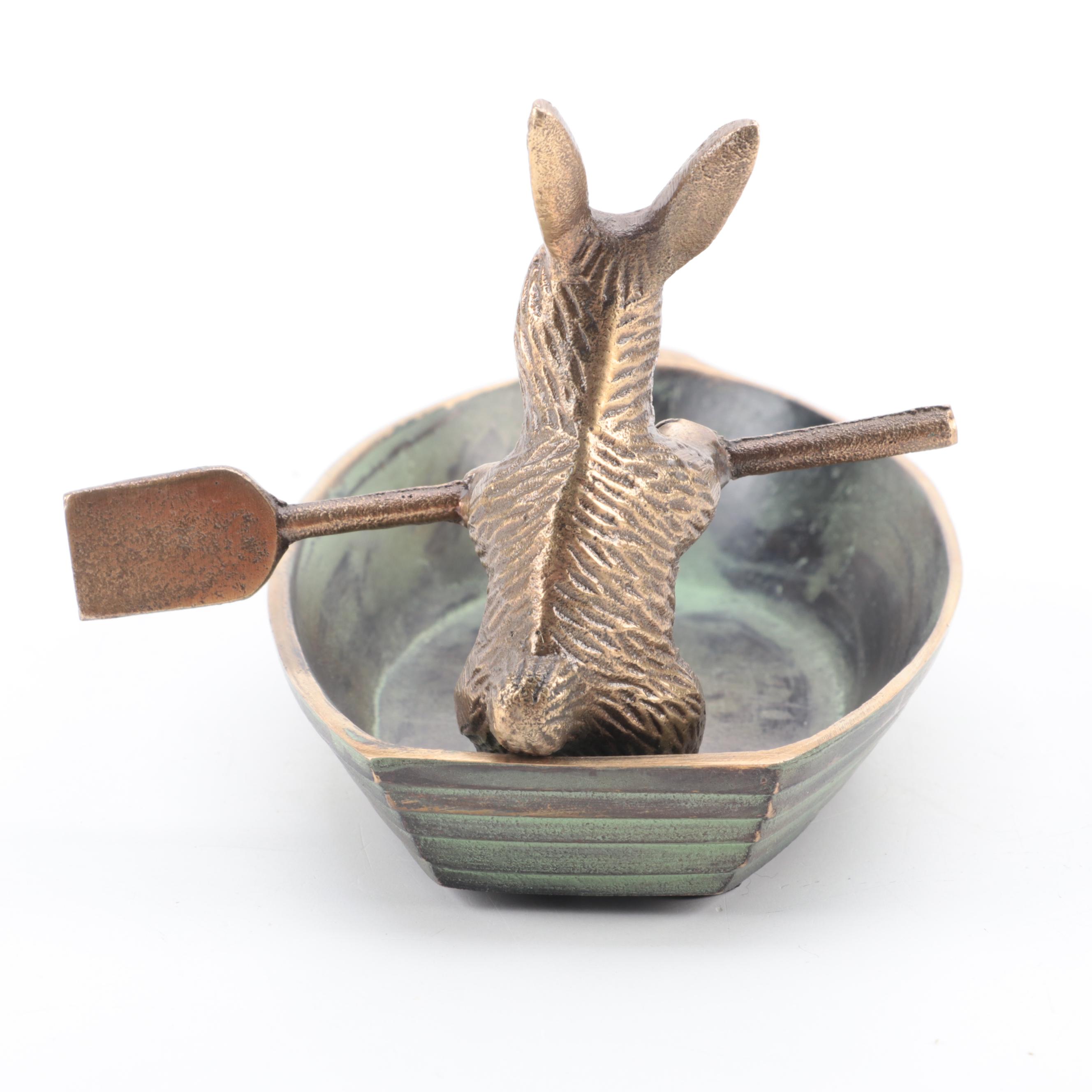 Patinated Cast Metal Bunny in Rowboat Trinket Dish