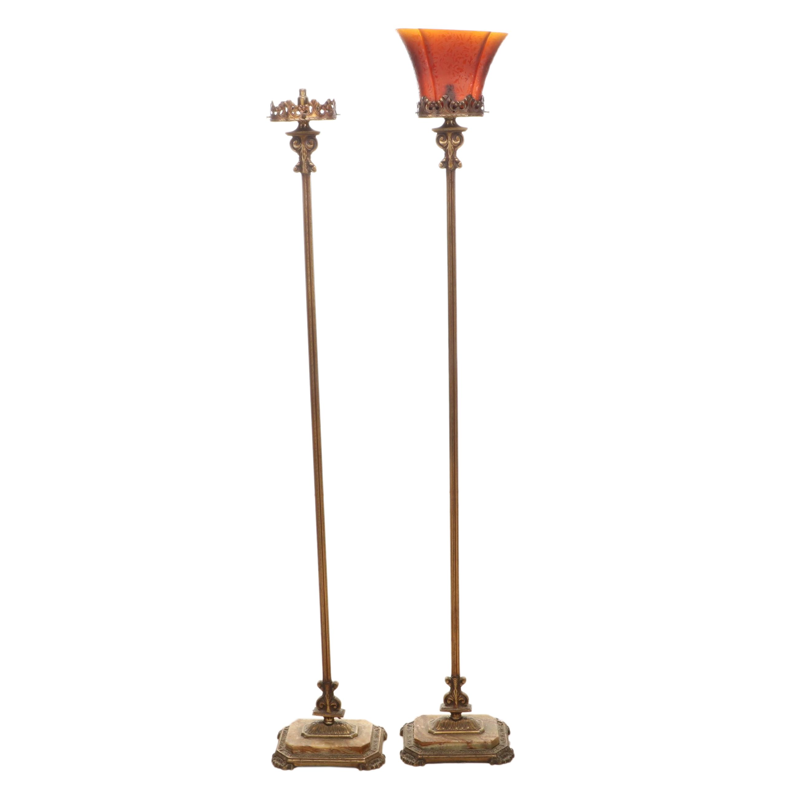 Milcast Late Victorian Style Brass Torchiere Floor Lamps, Early 20th C