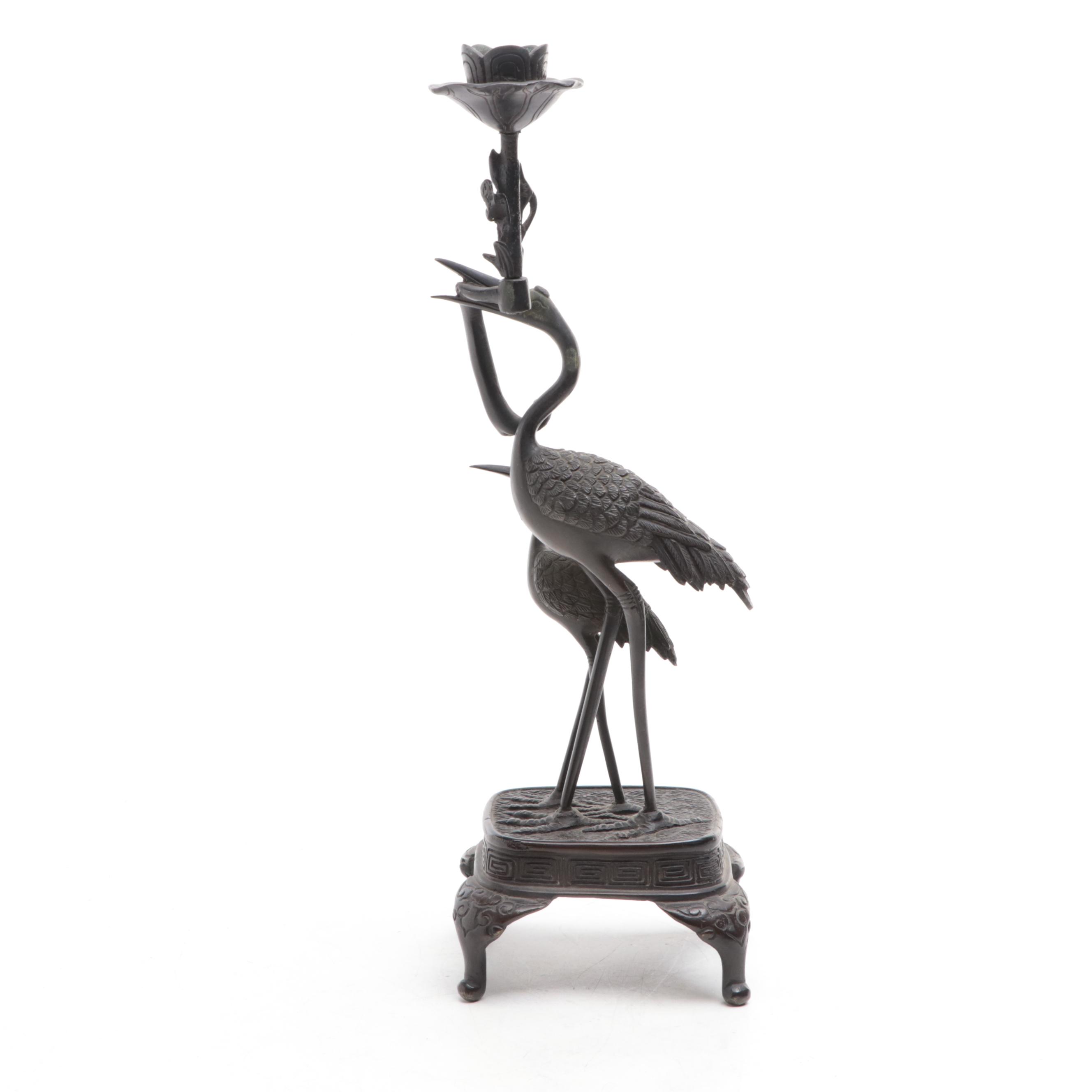 Japanese Bronze Crane and Snake Candle Holder