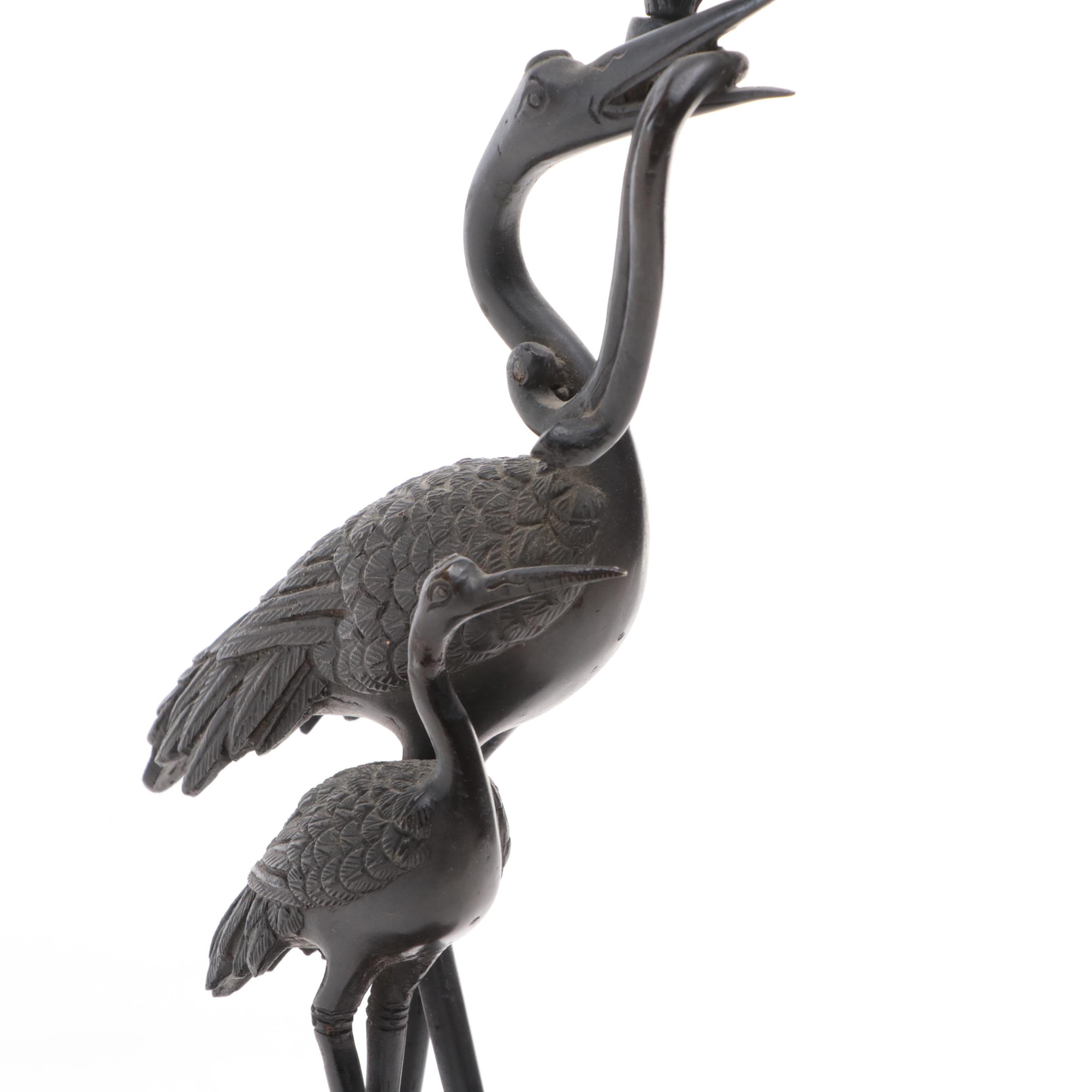Japanese Bronze Crane and Snake Candle Holder