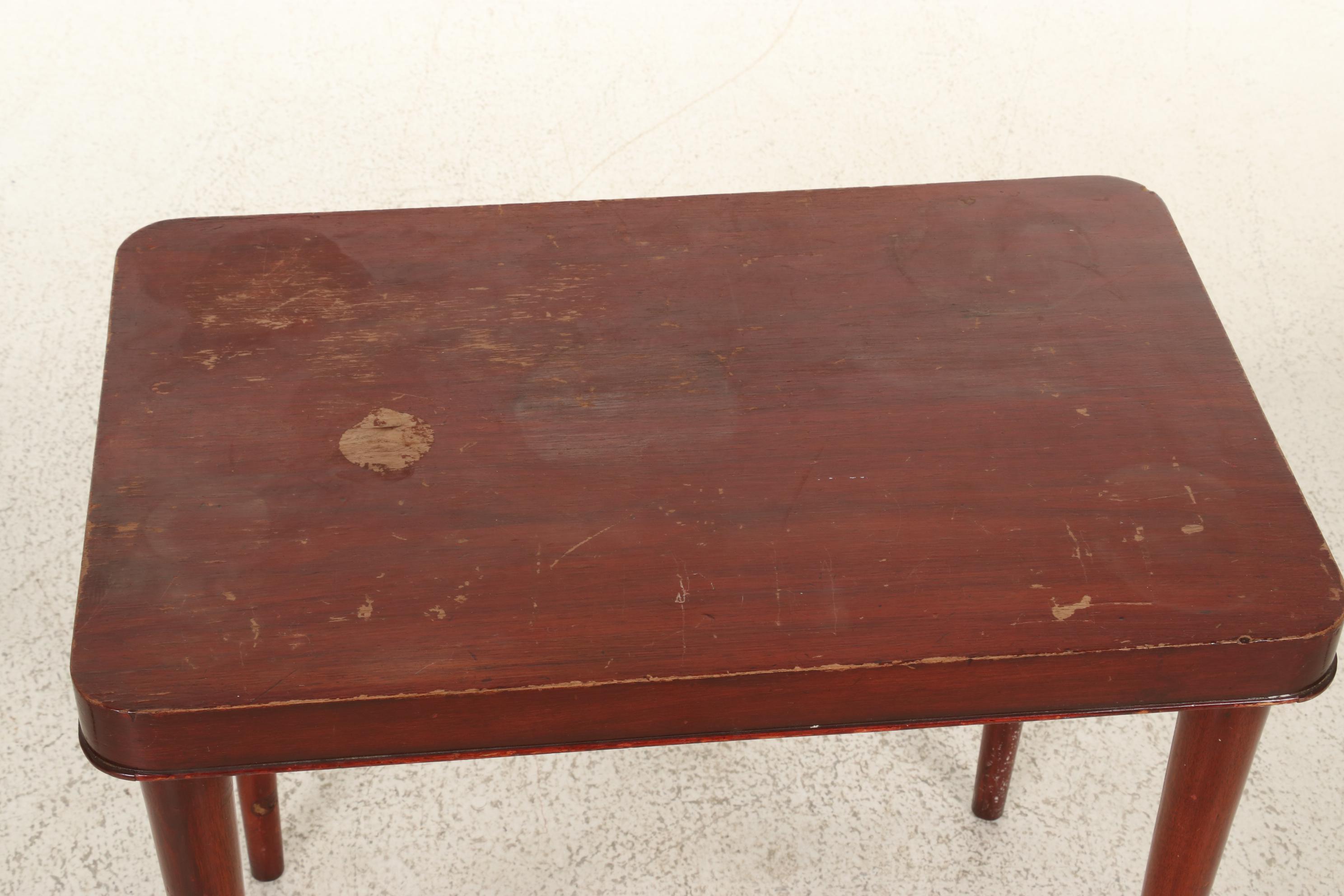 Pair of Ebonized Wooden Armchairs and Wooden Side Table